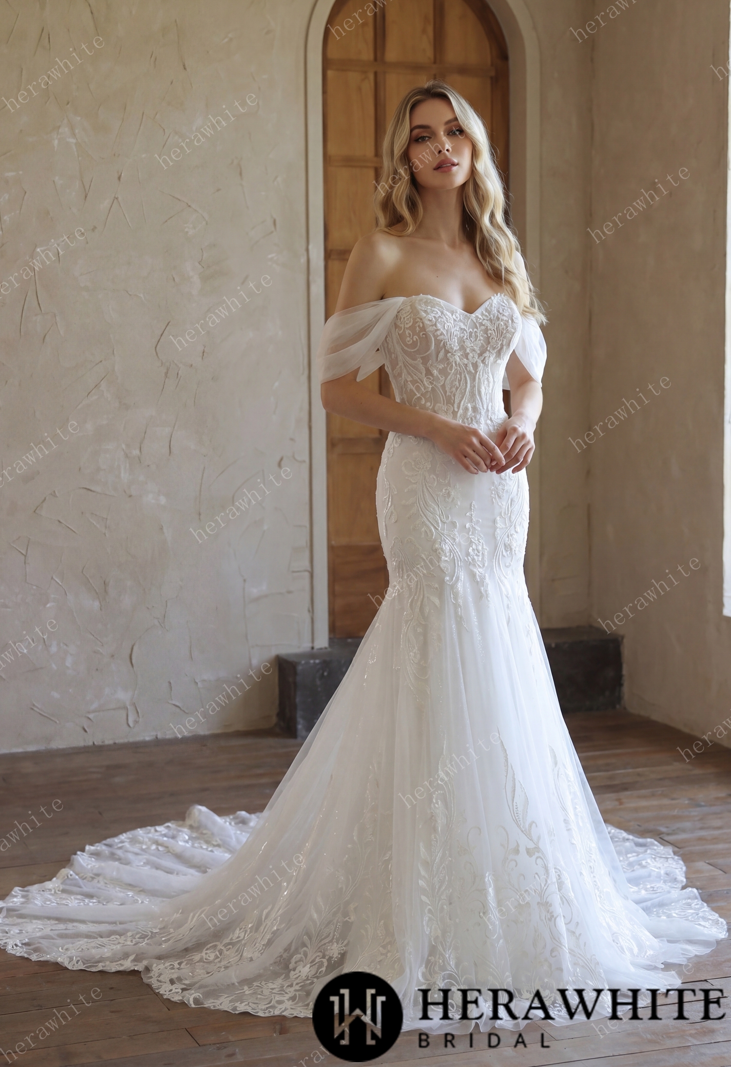 Sweetheart Lace Fit-and-Flare Wedding Gown With Detachable Off-Shoulder Sleeves & Scalloped Train