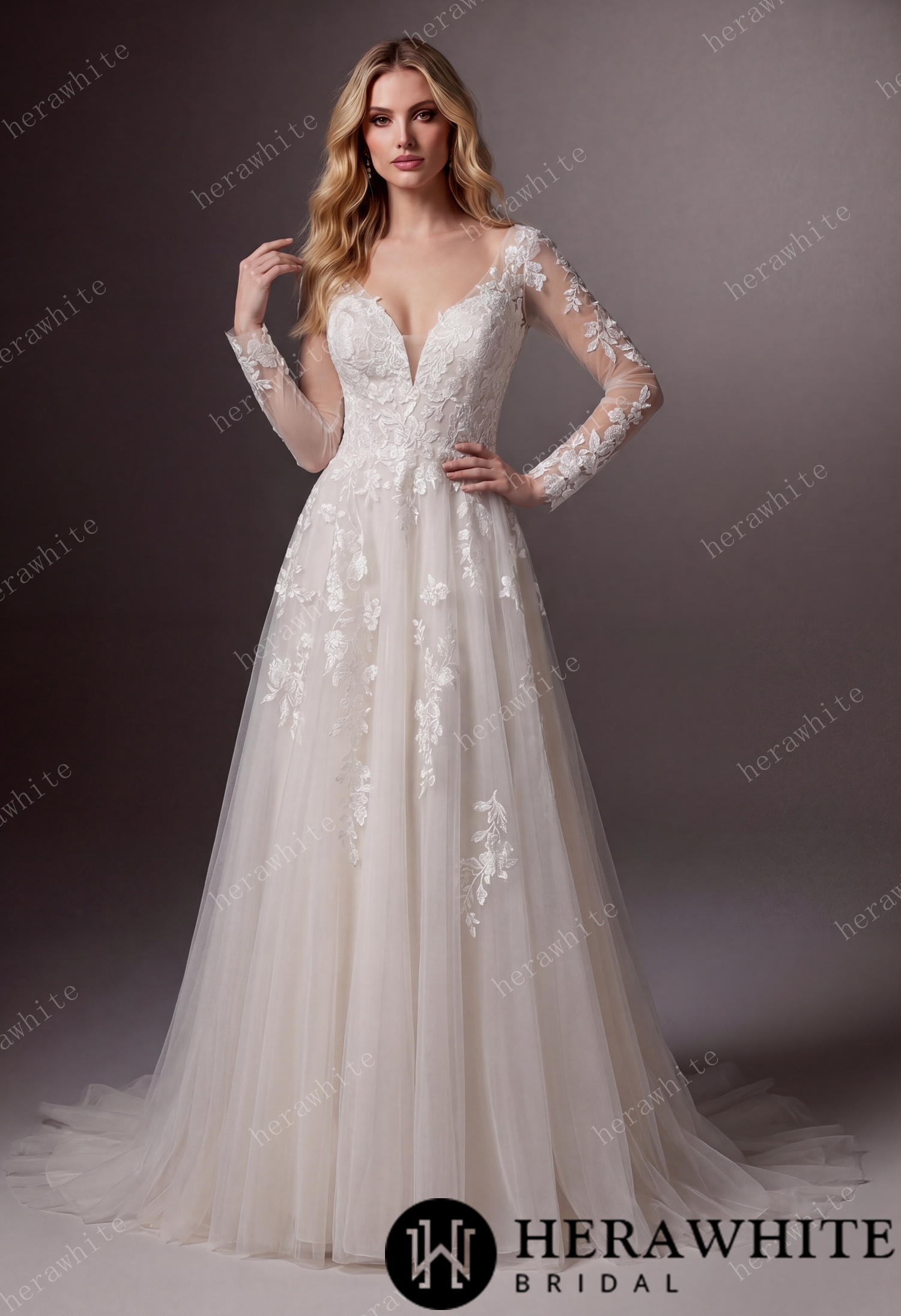 V-Neck Lace A-Line Wedding Gown With Long Sleeves