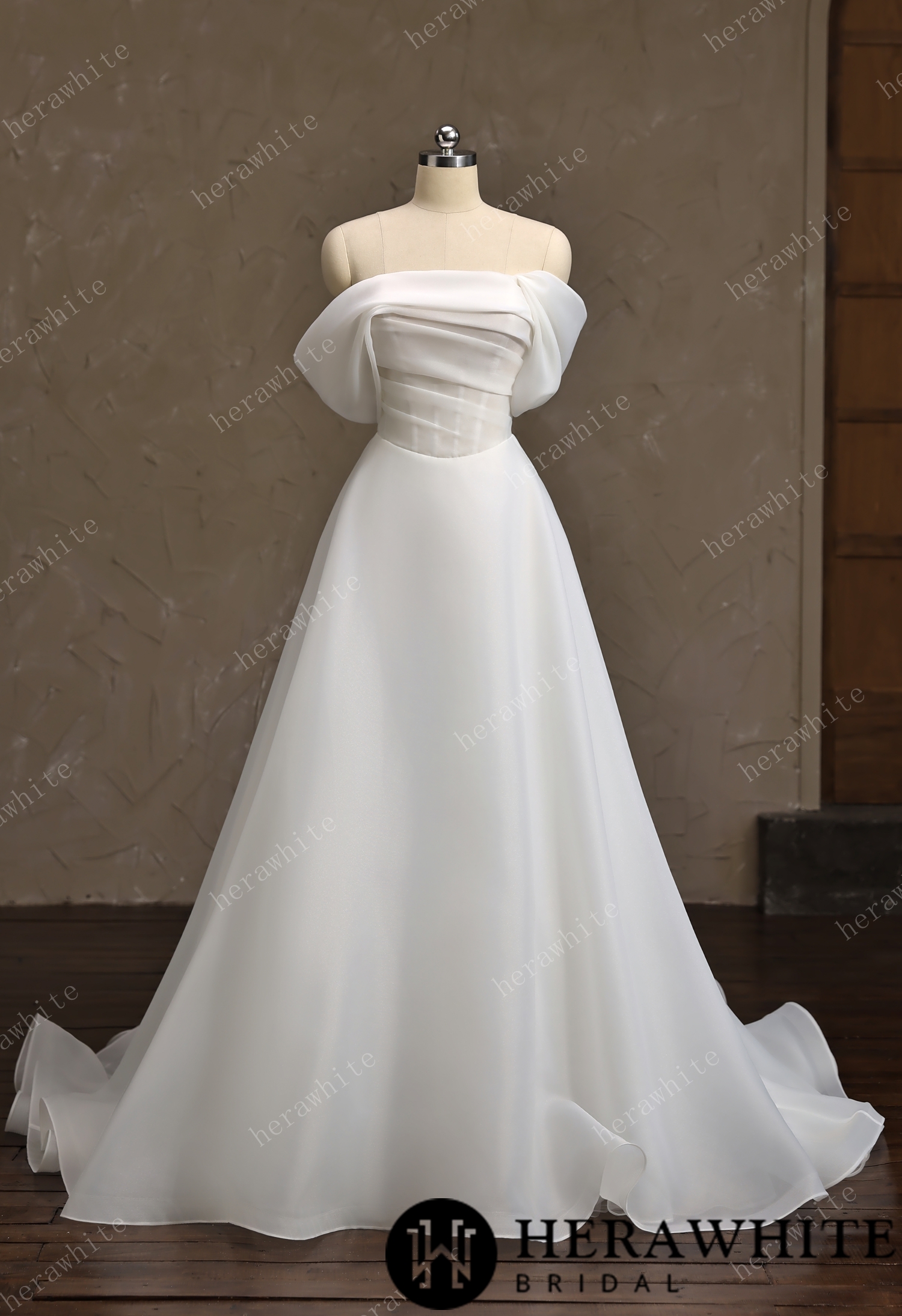 Off-the-Shoulder Draped Organza  A-Line Wedding Gown