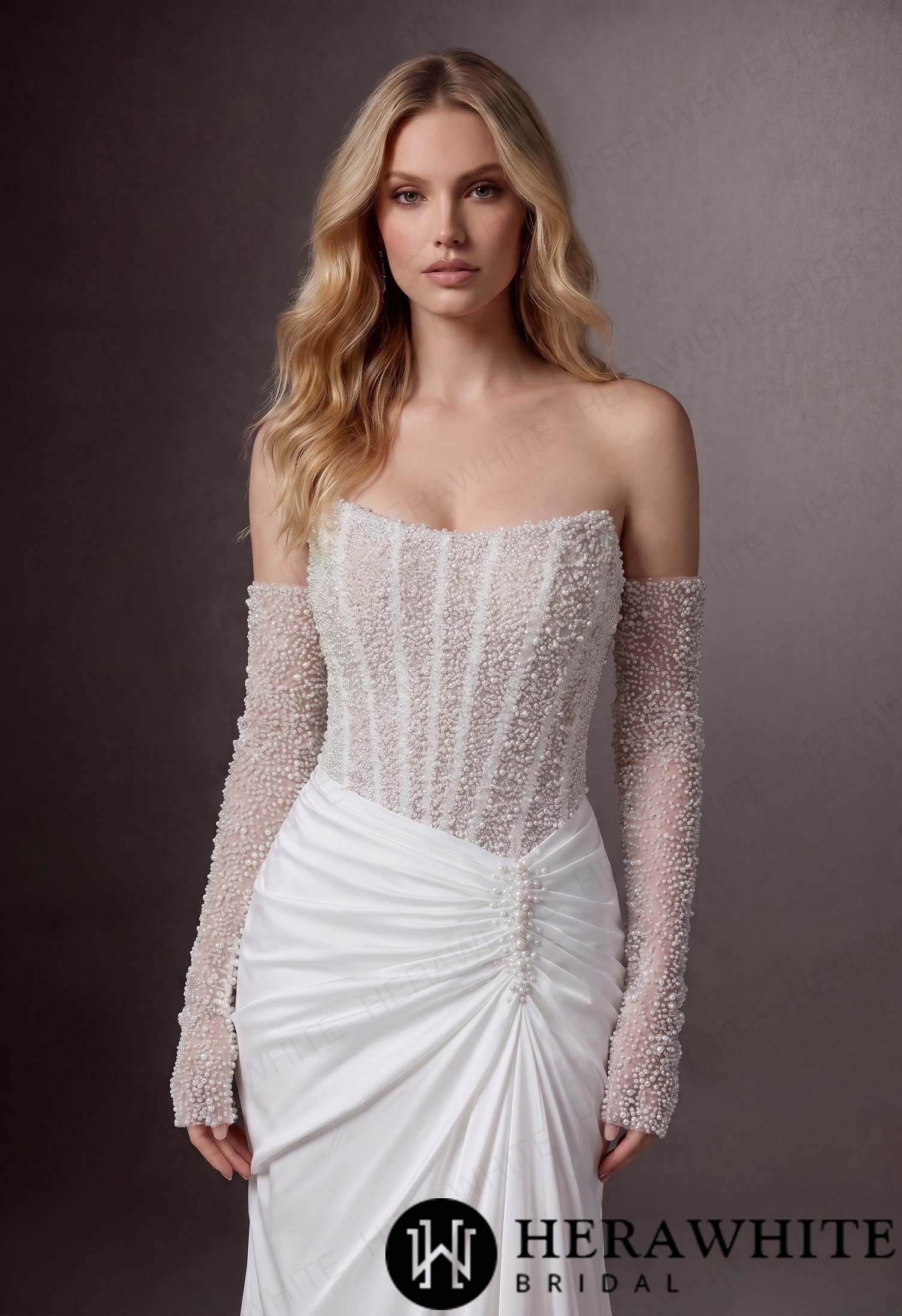 Strapless Beaded Corset Mermaid Wedding Gown with Detachable Long Sleeves