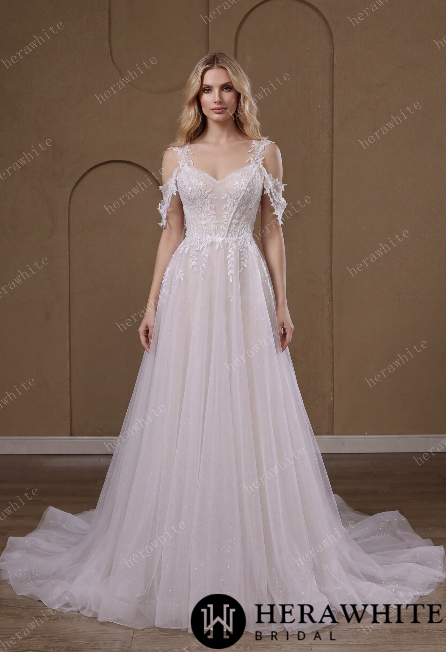 Lace A-Line Wedding Gown With Detachable Off-Shoulder Sleeves & Glitter Tulle Skirt
