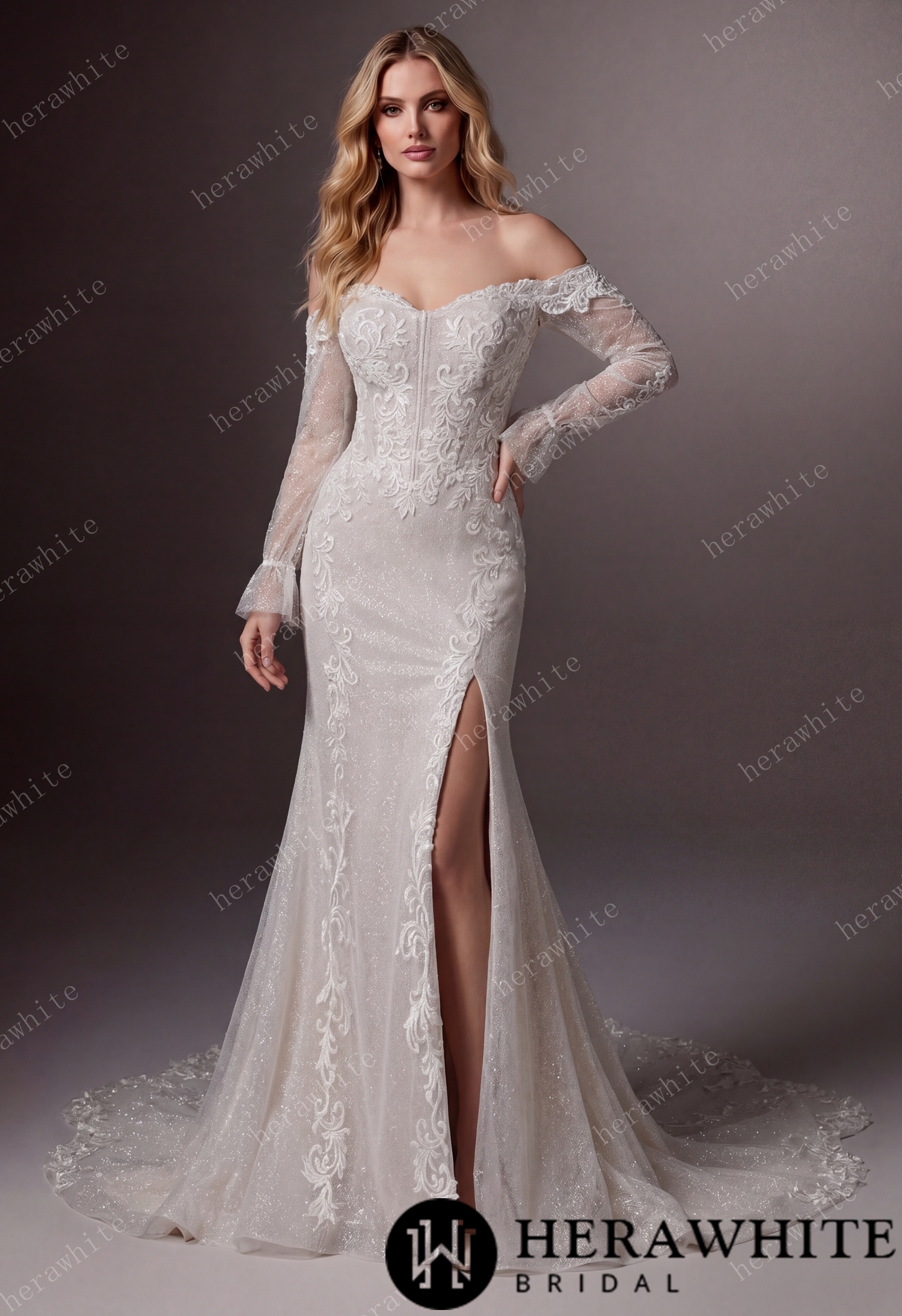 Off-the-Shoulder Sequin Lace Fit-and-Flare Wedding Gown With Lotus Train