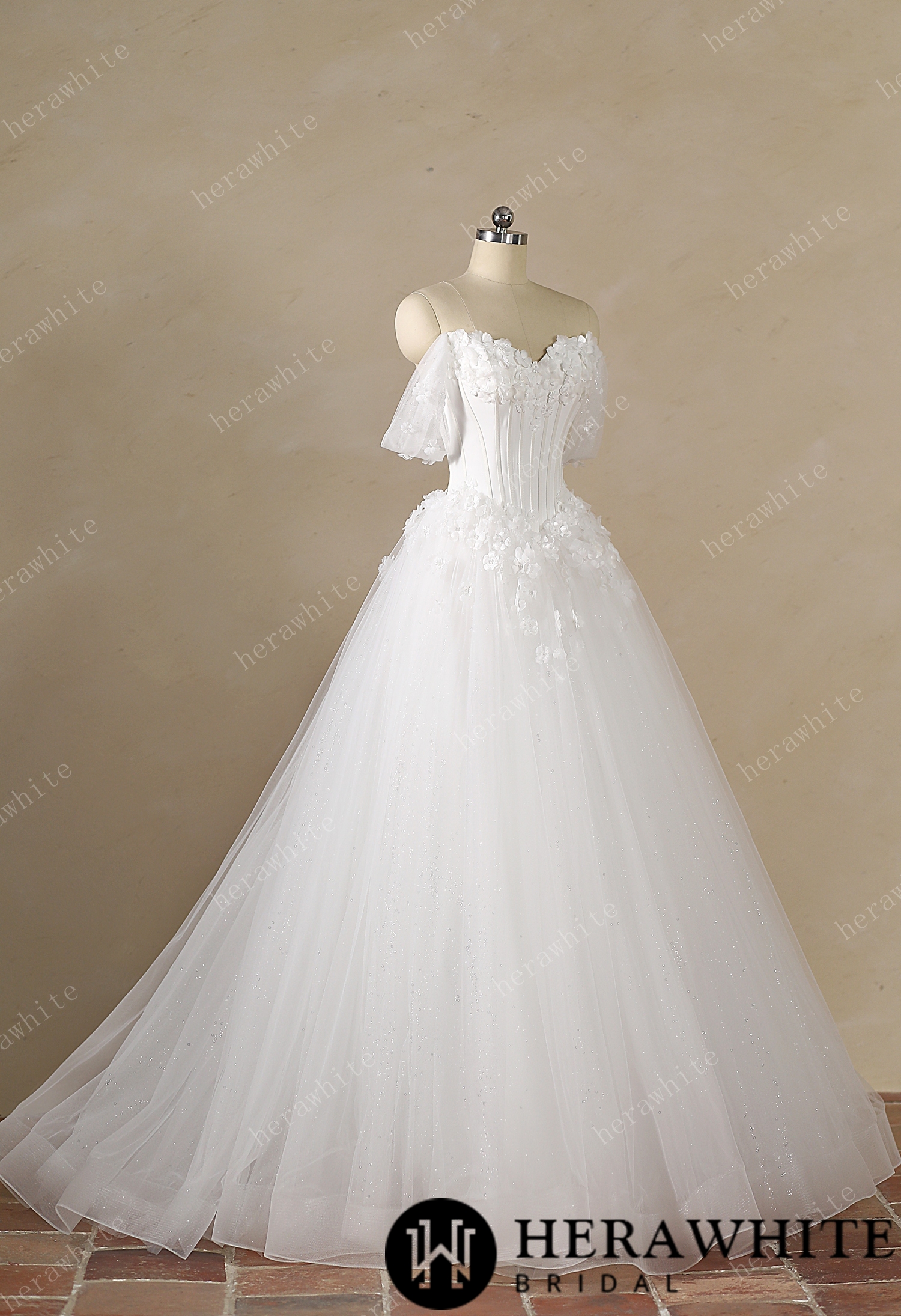 Off-the-Shoulder Sweetheart Corset Ball Gown with Flower Skirt