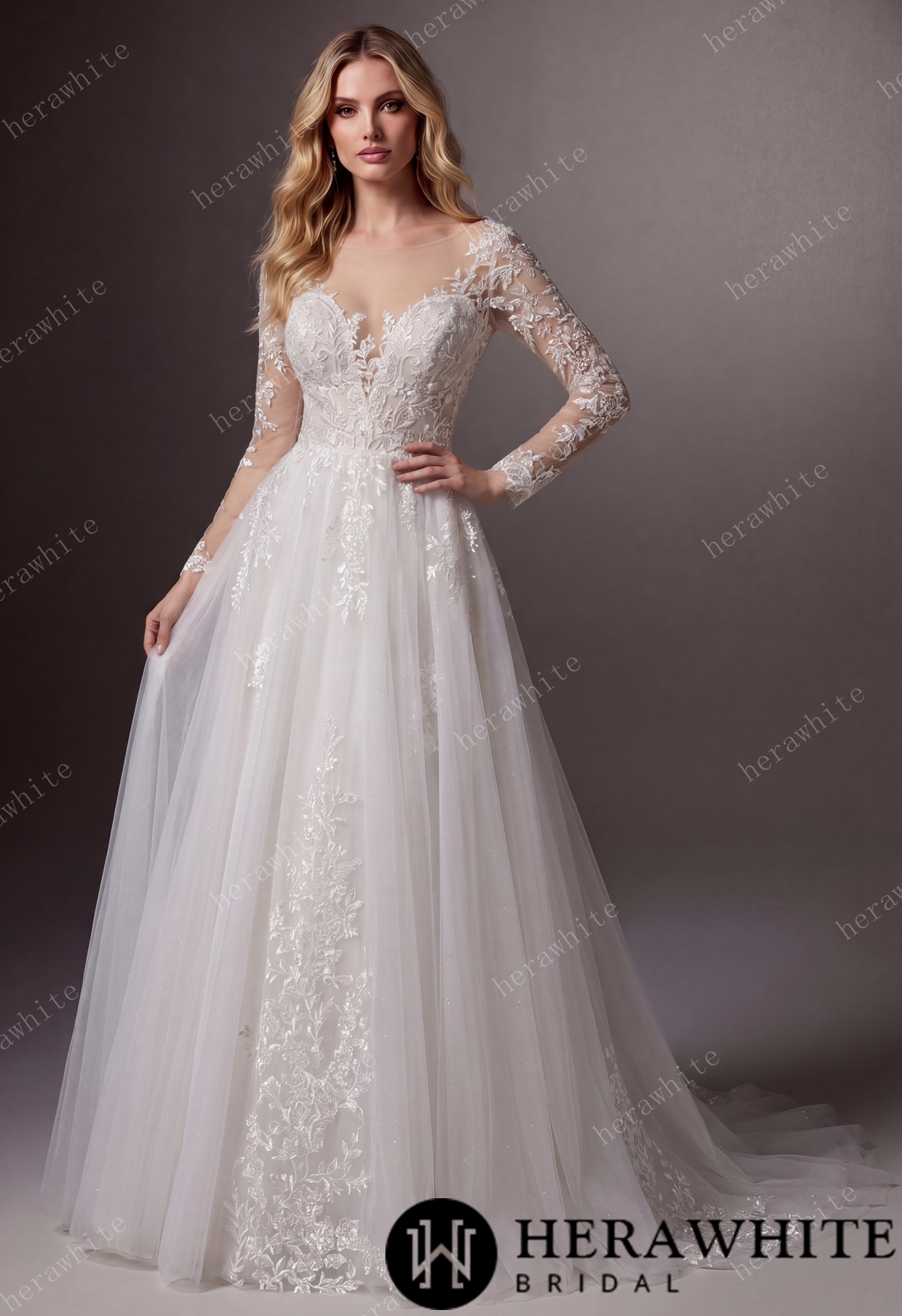 V-Neck Lace A-Line Wedding Gown With Illusion Long Sleeves