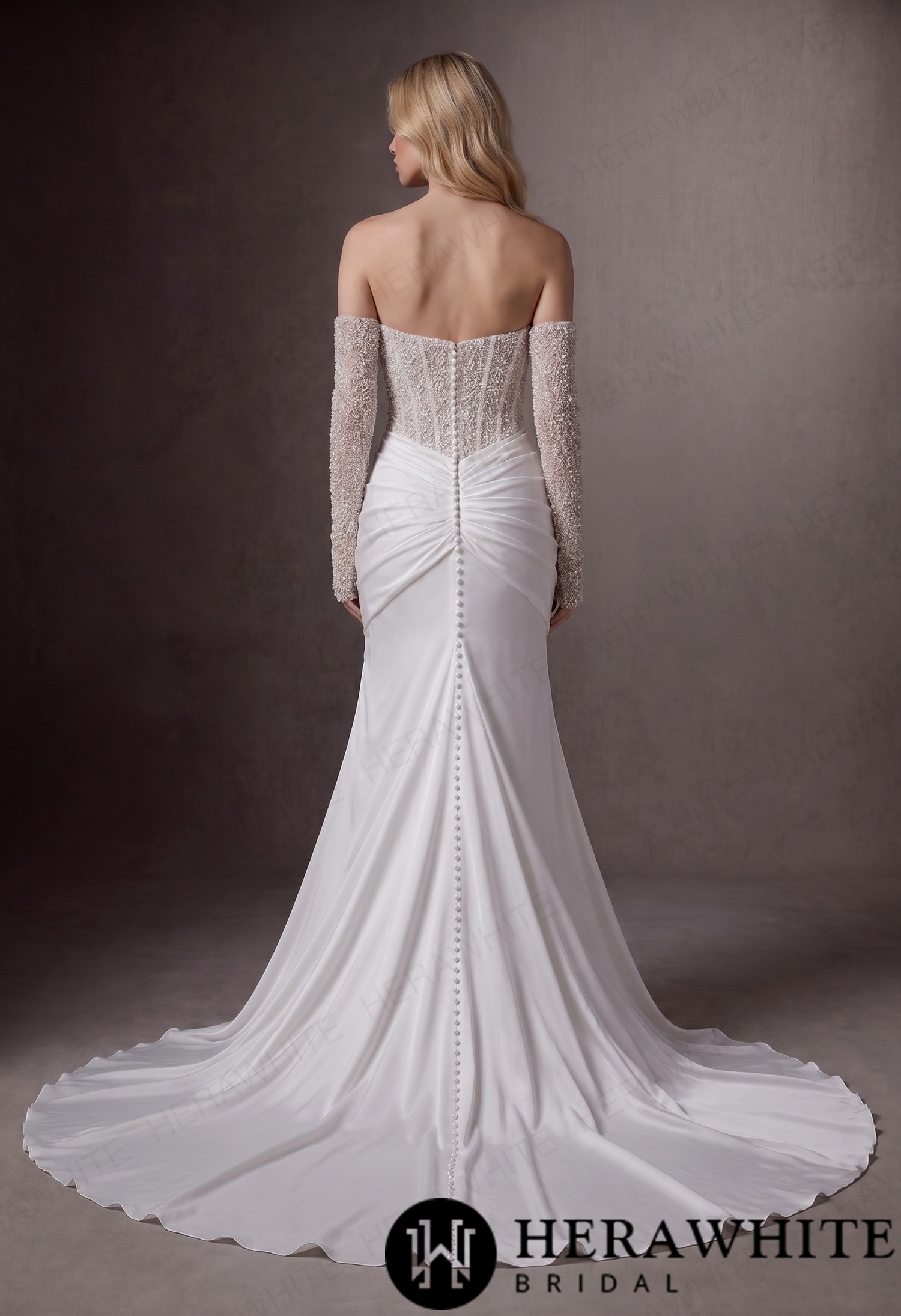 Strapless Beaded Corset Mermaid Wedding Gown with Detachable Long Sleeves