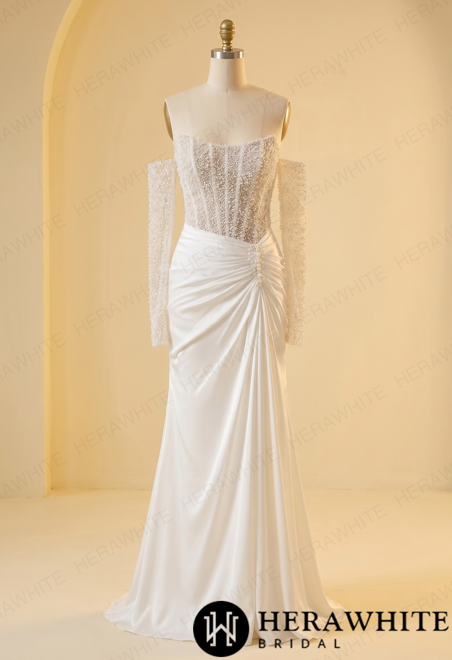 Strapless Beaded Corset Mermaid Wedding Gown with Detachable Long Sleeves