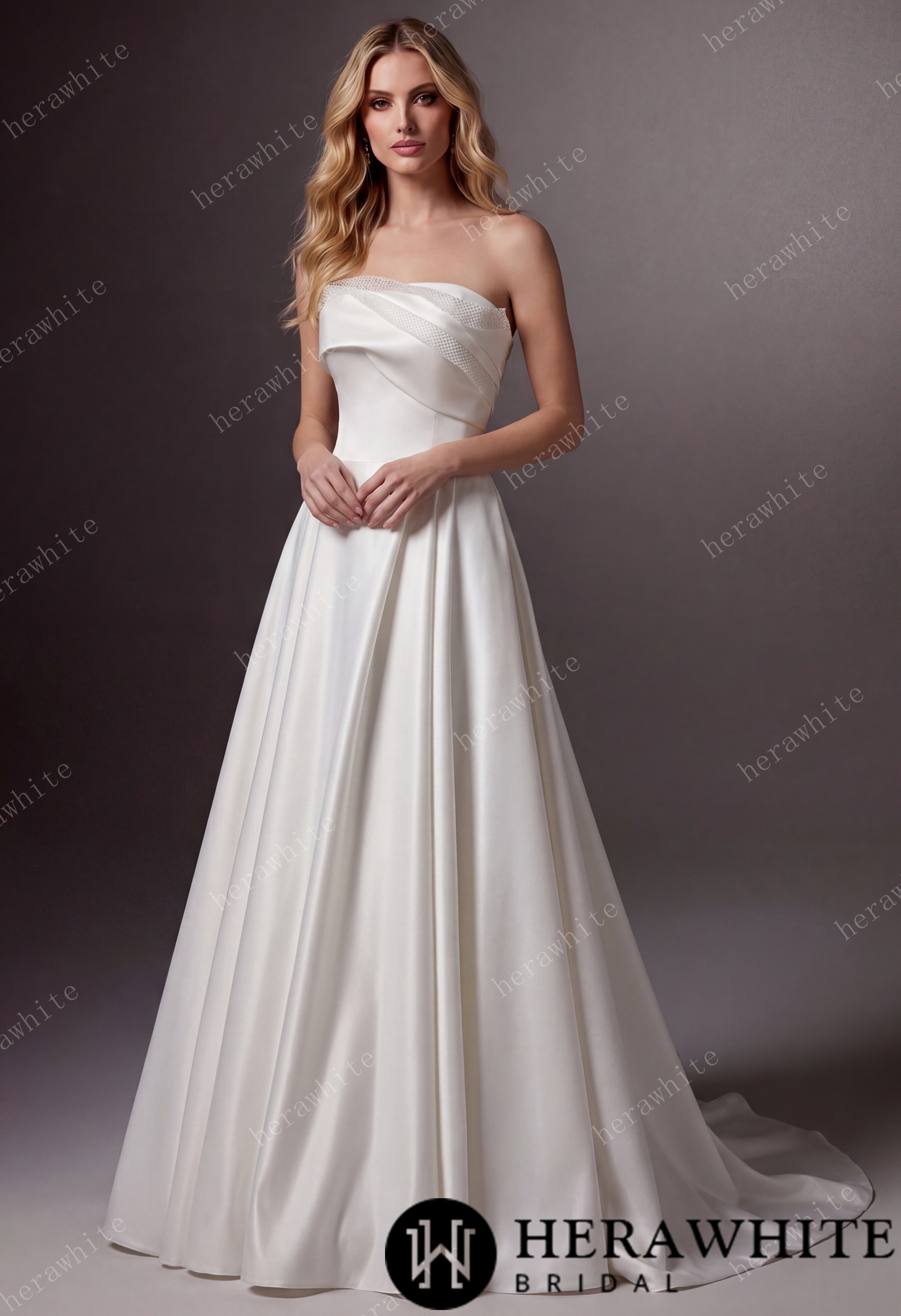 Strapless Draped Satin A-line Wedding Gown With Front Slit