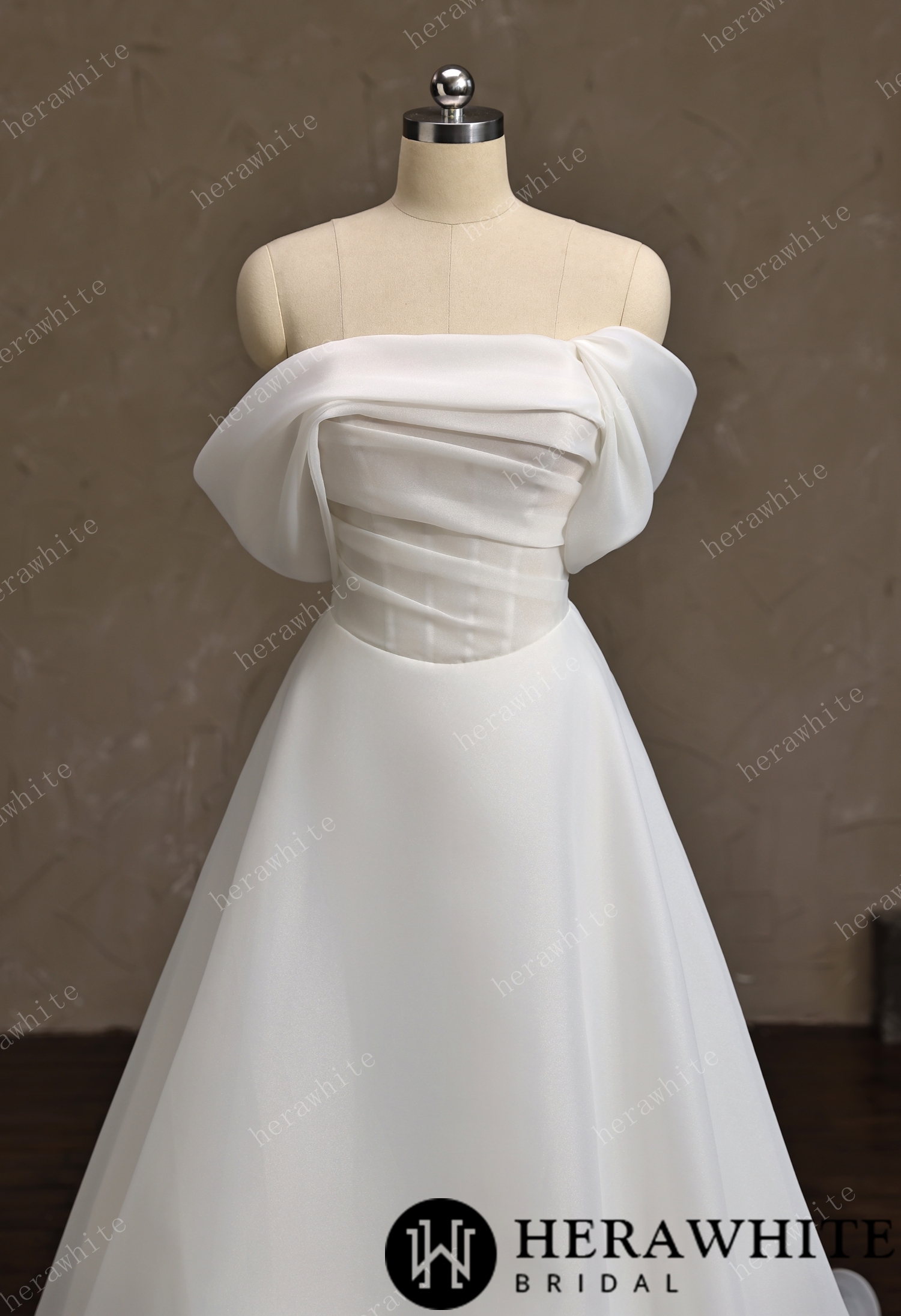 Off-the-Shoulder Draped Organza  A-Line Wedding Gown