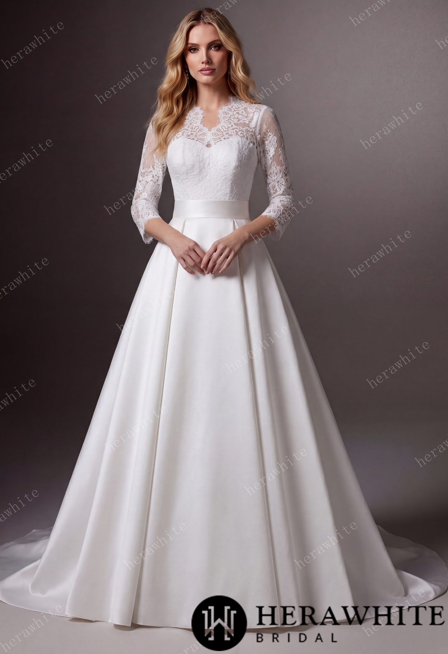 Lace & Satin Ball Gown With Illusion ¾-Length Sleeves