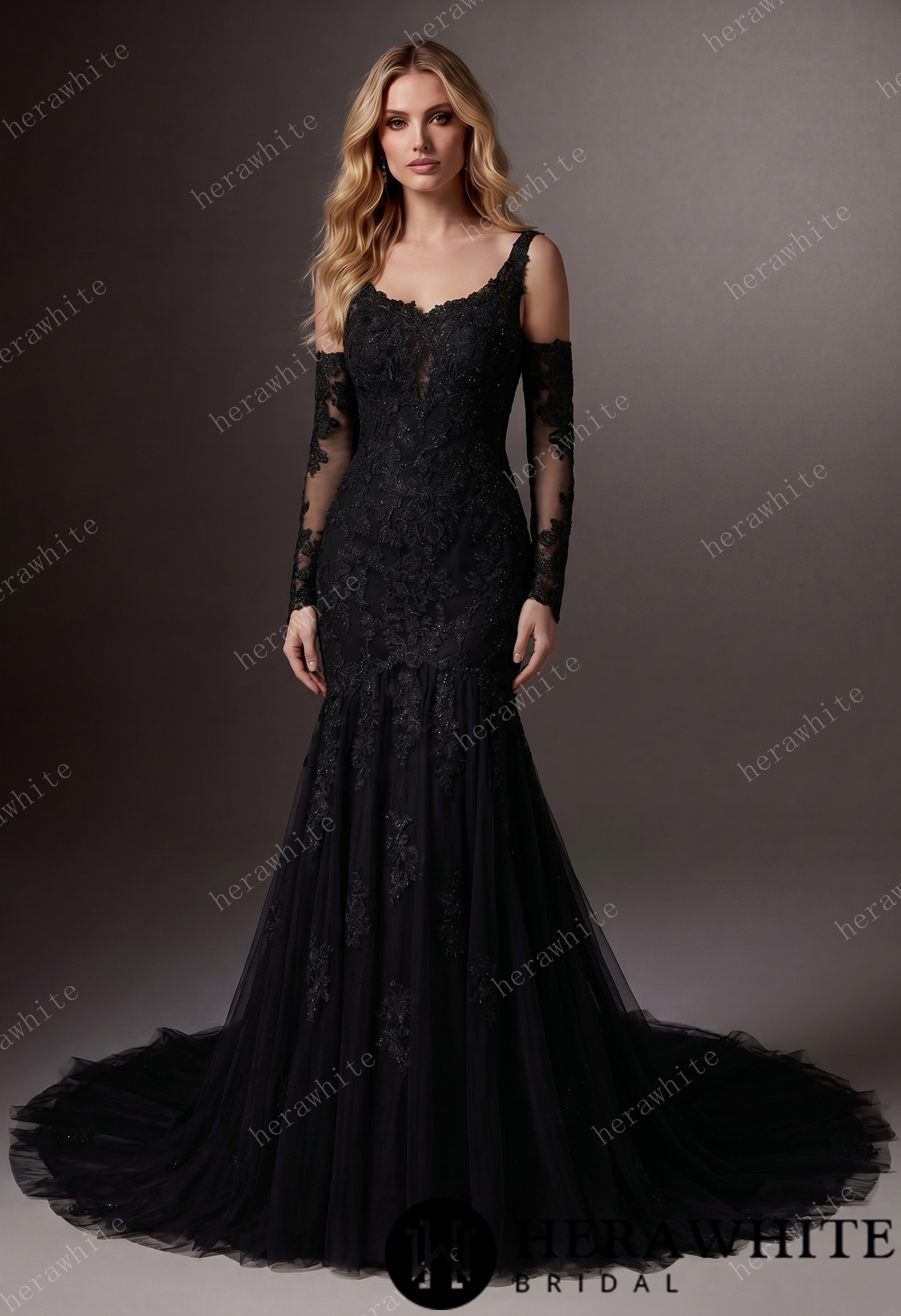 Black Lace Mermaid Wedding Gown With 2m Train Length