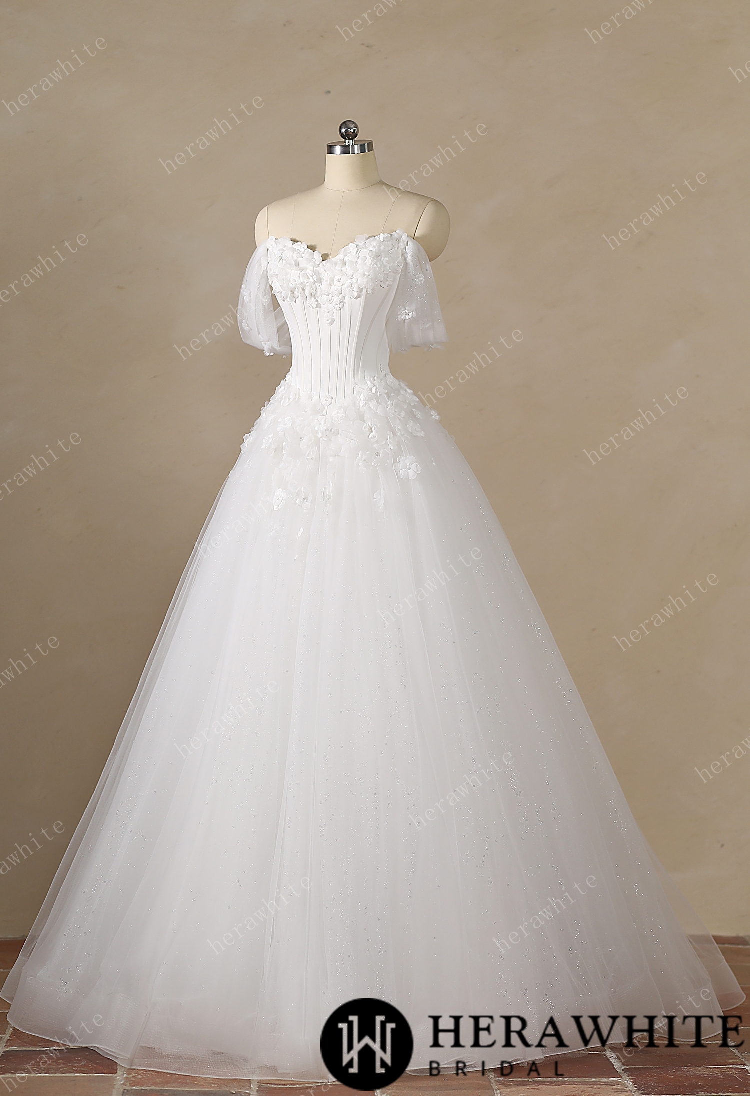 Off-the-Shoulder Sweetheart Corset Ball Gown with Flower Skirt