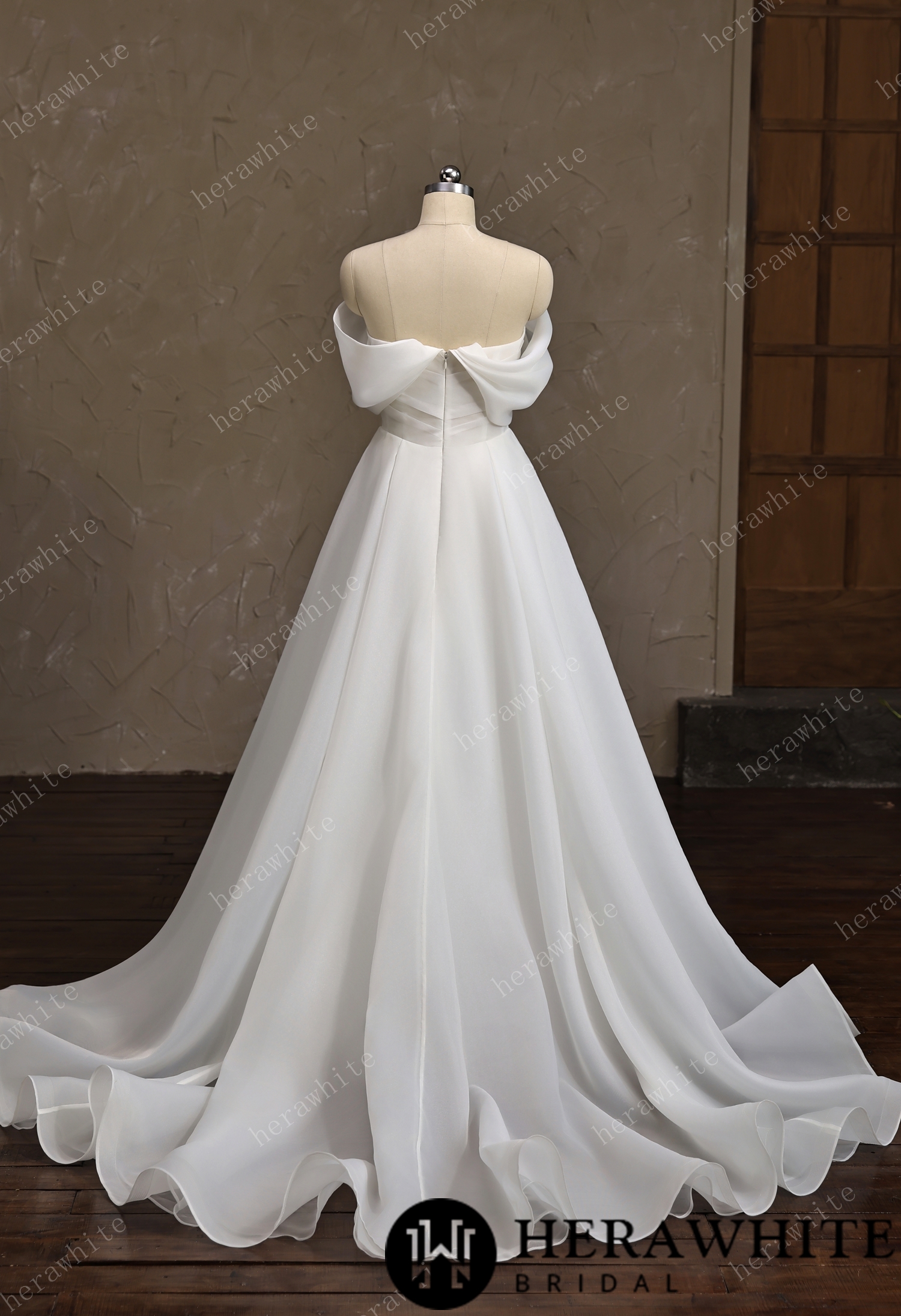 Off-the-Shoulder Draped Organza  A-Line Wedding Gown