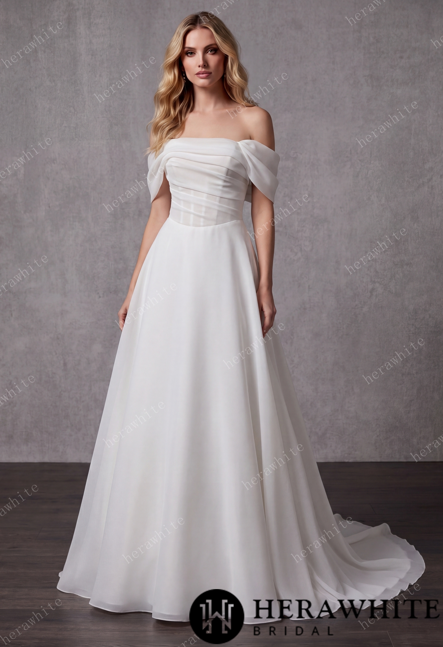 Off-the-Shoulder Draped Organza  A-Line Wedding Gown