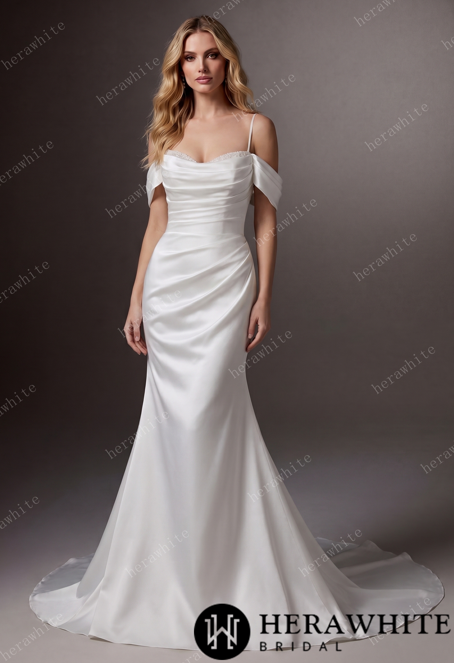 Draped Satin Fit-and-Flare Wedding Gown With Detachable Off-Shoulder Cape Sleeves & Beaded Neckline