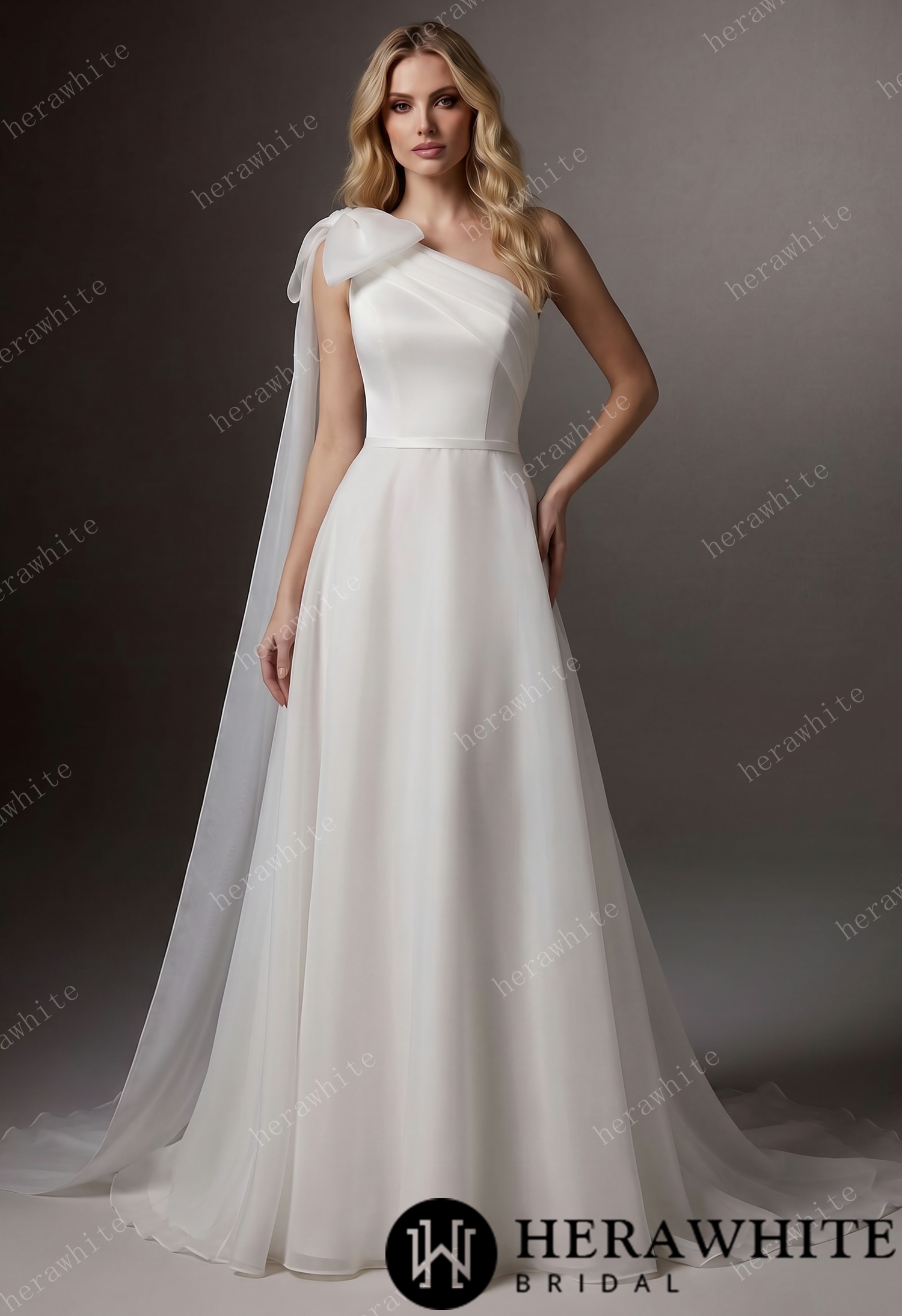 One-Shoulder Wrapped Satin Bodice Tulle A-line Wedding Gown With Shoulder Bow