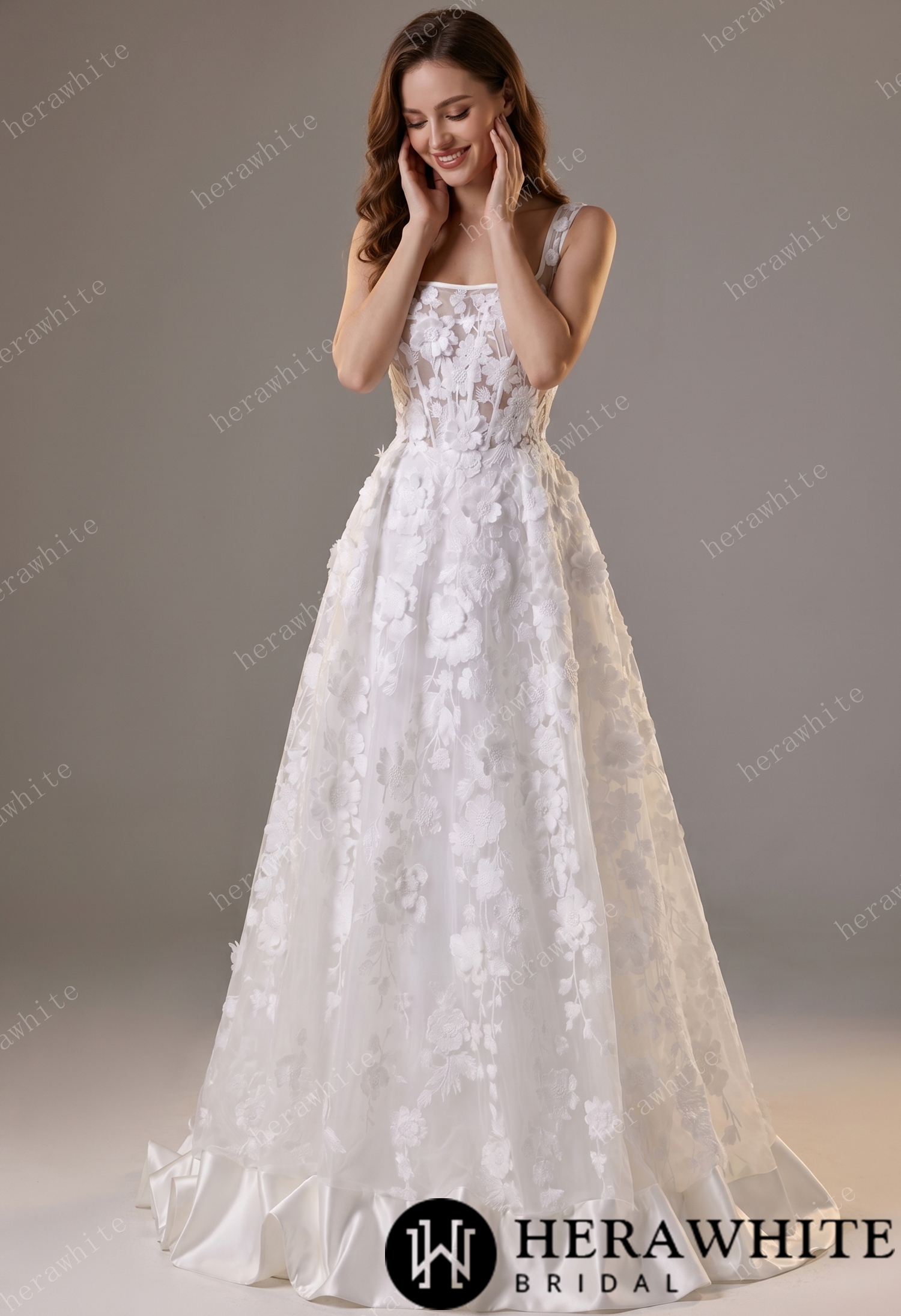 3D Floral Lace A-line Wedding Gown With Square Neckline & Satin Hem Trim
