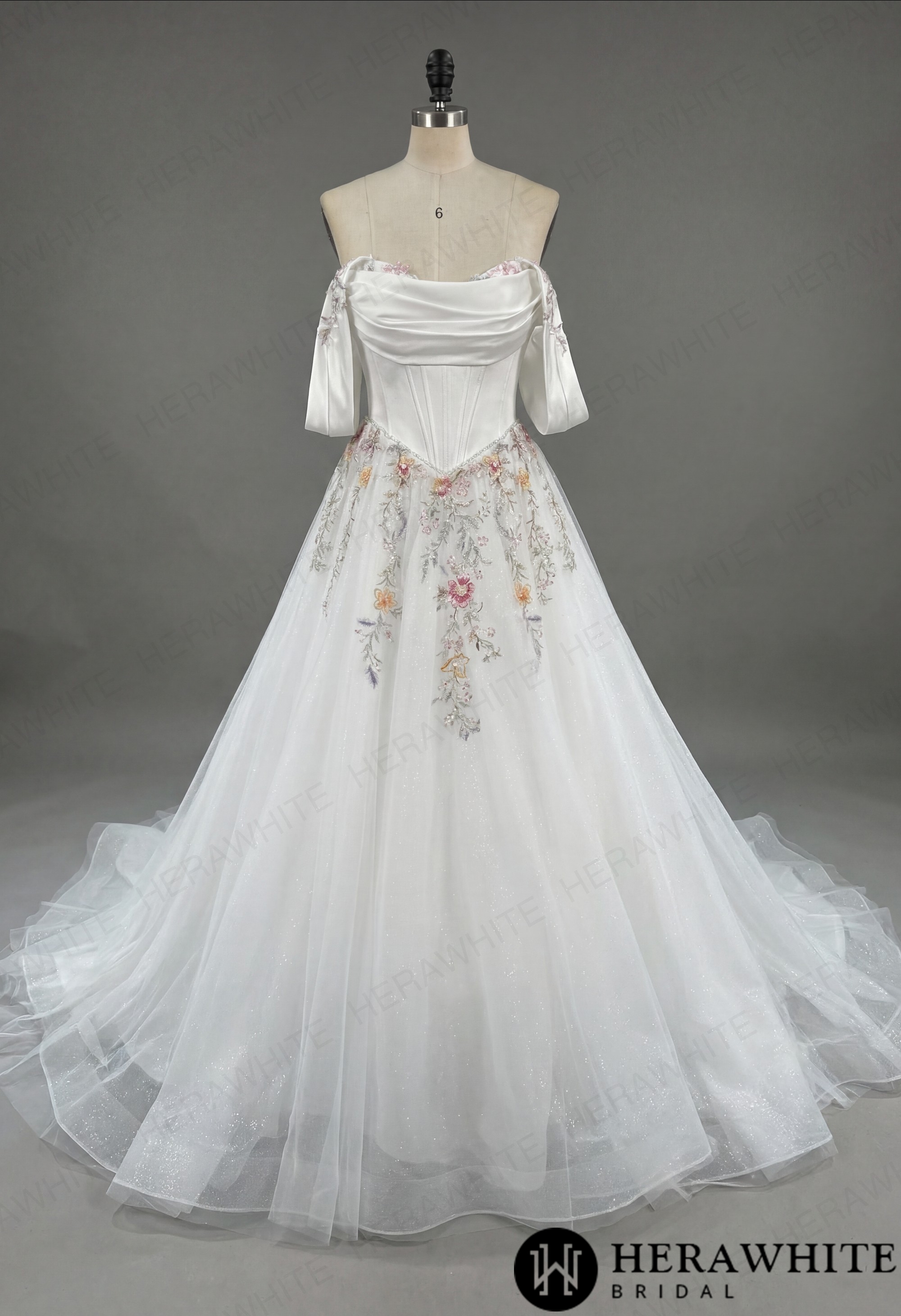 Off-the-Shoulder Satin Corset Ball Gown with Colorful Floral Embroidery