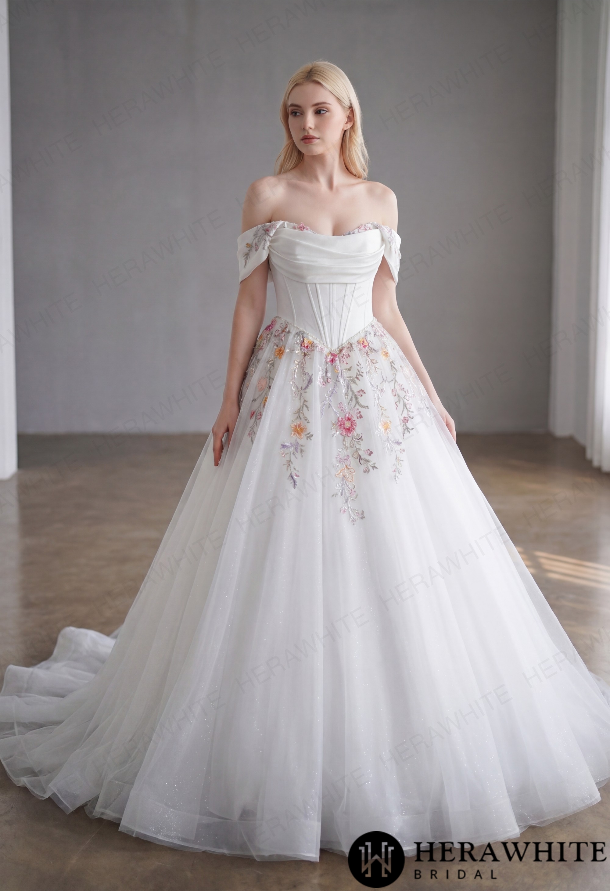 Off-the-Shoulder Satin Corset Ball Gown with Colorful Floral Embroidery