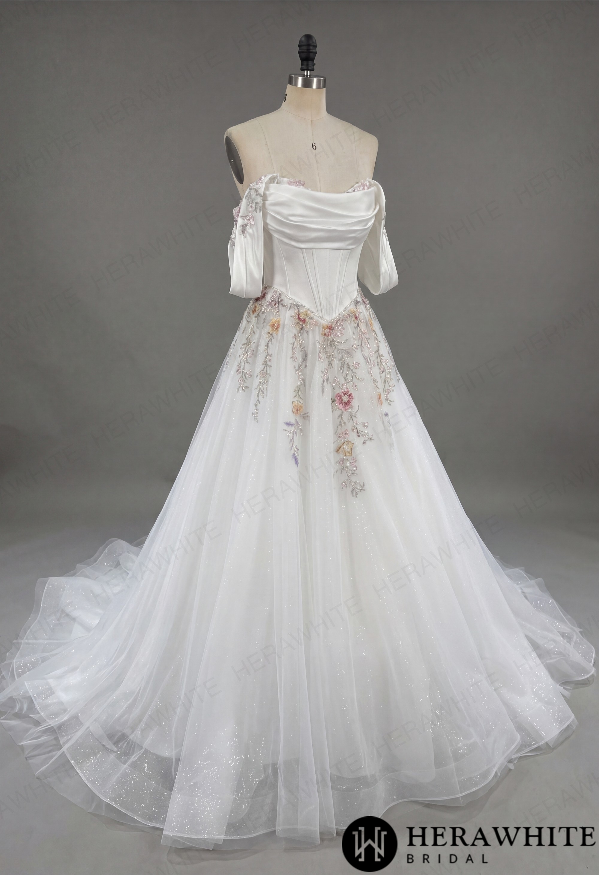 Off-the-Shoulder Satin Corset Ball Gown with Colorful Floral Embroidery