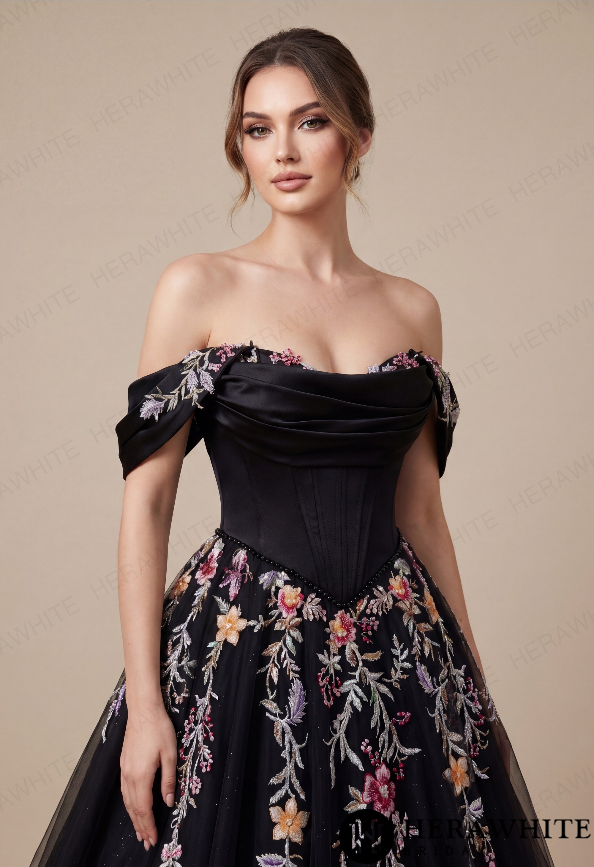 Off-the-Shoulder Satin Corset Ball Gown with Colorful Floral Embroidery