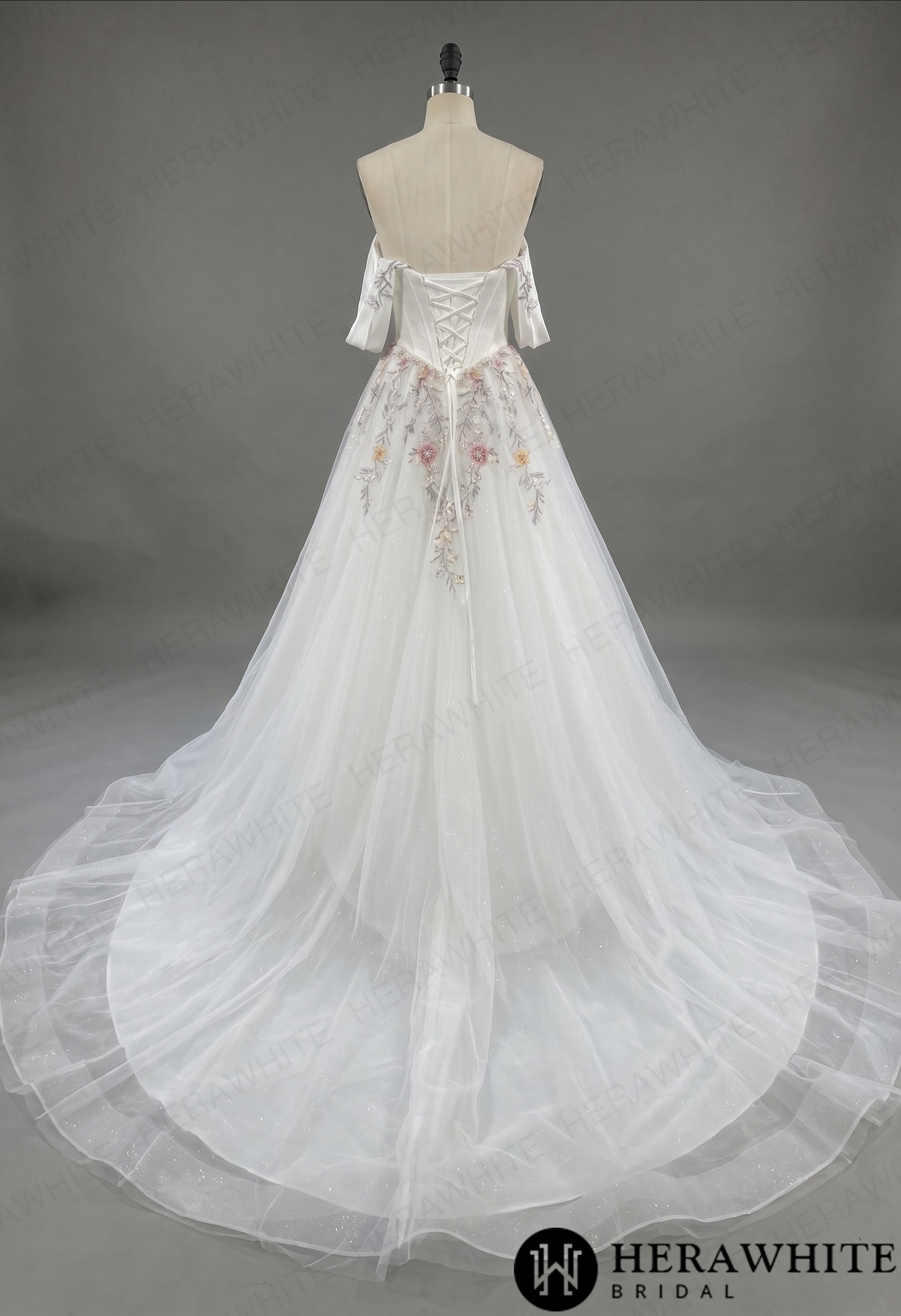 Off-the-Shoulder Satin Corset Ball Gown with Colorful Floral Embroidery