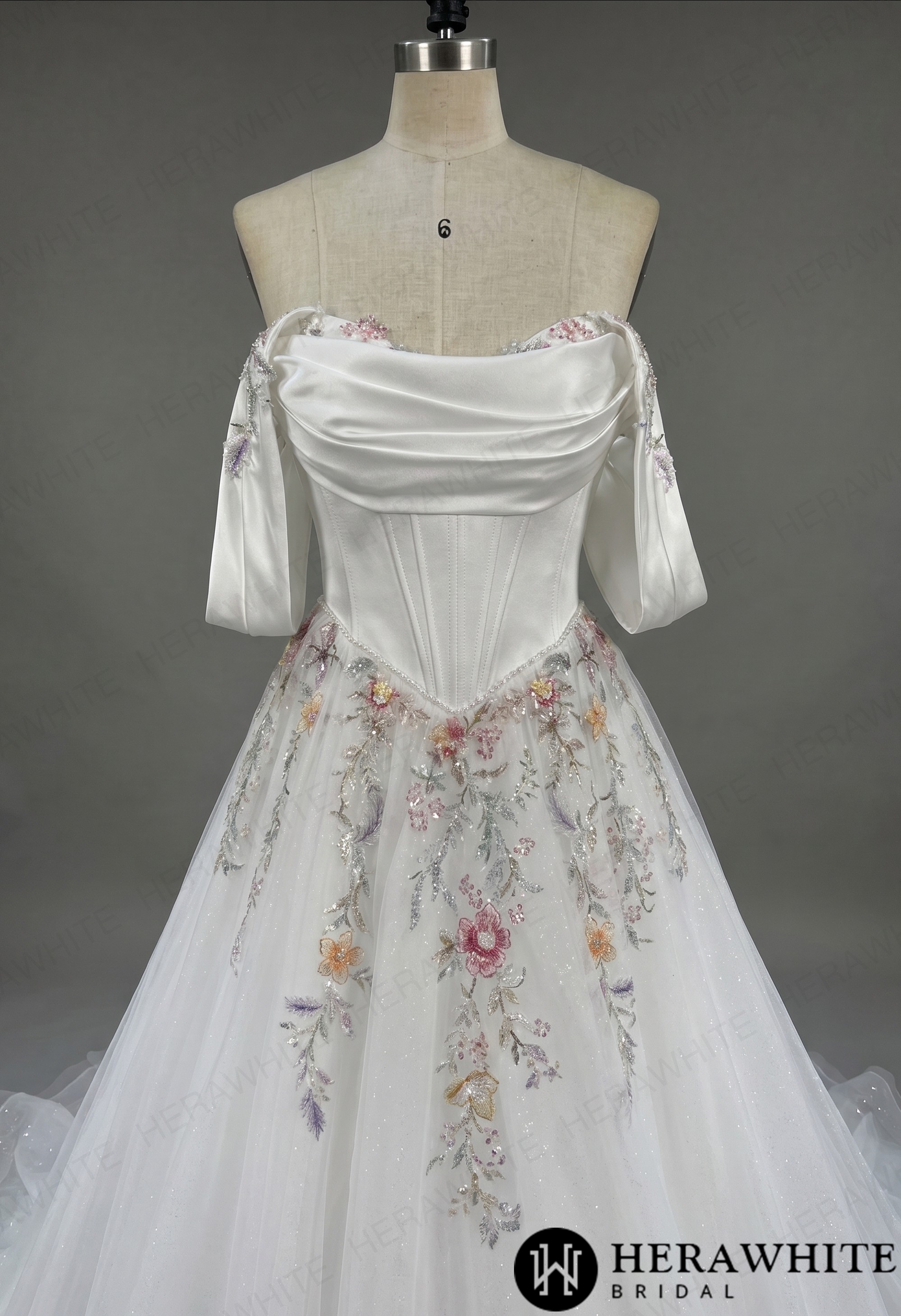 Off-the-Shoulder Satin Corset Ball Gown with Colorful Floral Embroidery
