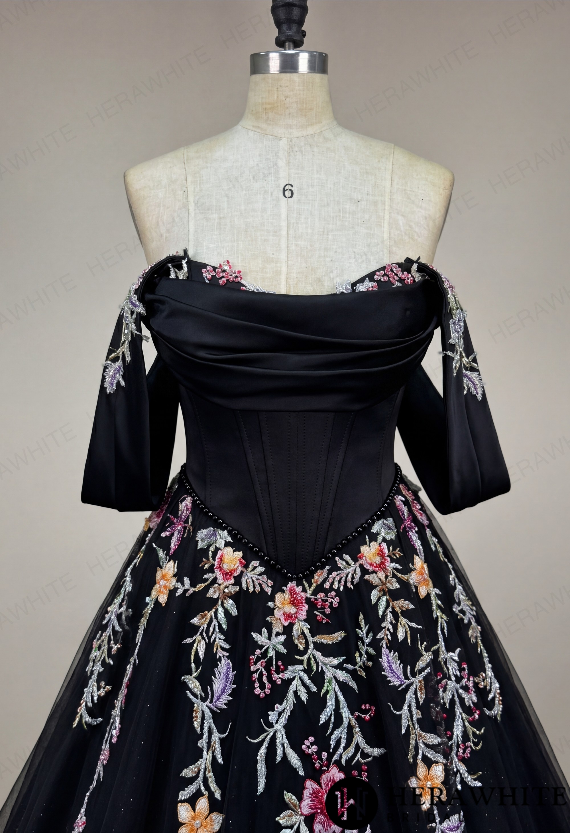 Off-the-Shoulder Satin Corset Ball Gown with Colorful Floral Embroidery