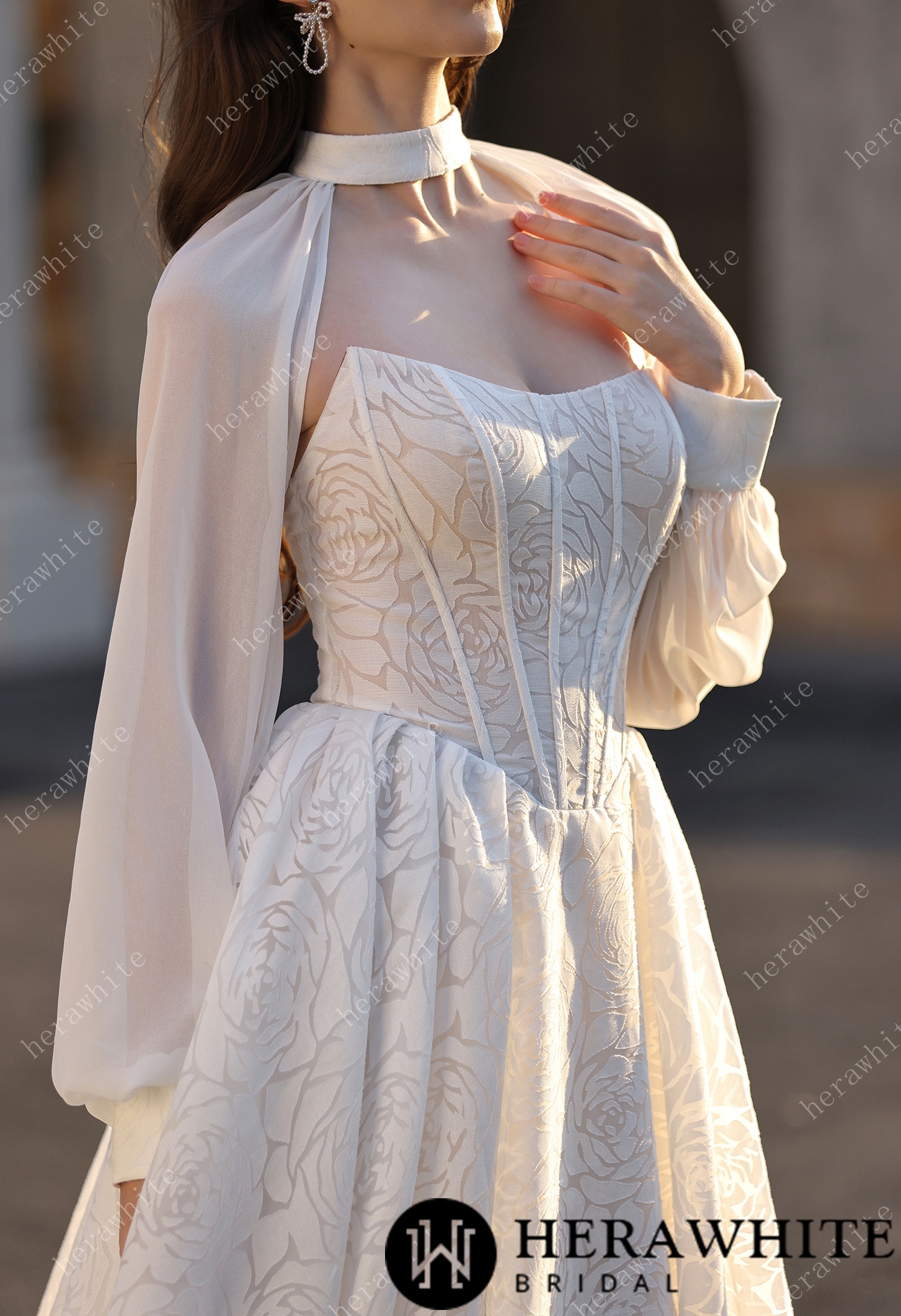 In Stock/ A-line Wedding  Gown In A Floral Print Organza With Detachable Cape