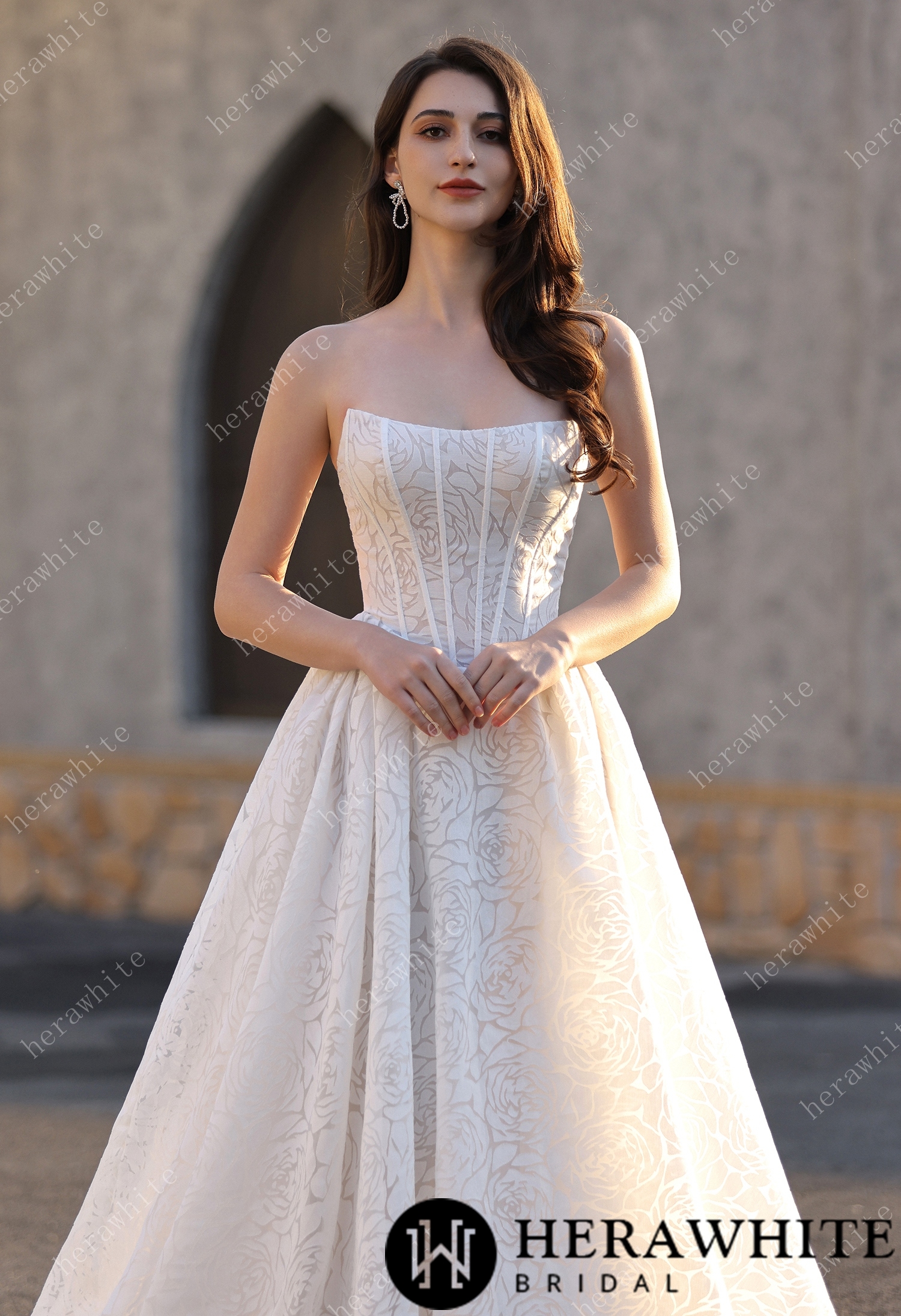 In Stock/ A-line Wedding  Gown In A Floral Print Organza With Detachable Cape