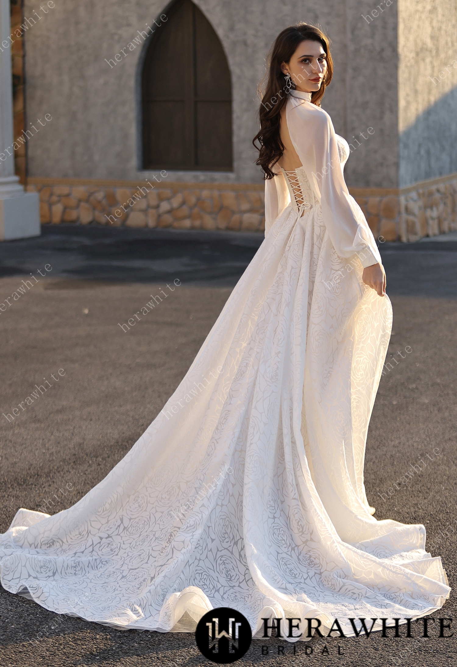 In Stock/ A-line Wedding  Gown In A Floral Print Organza With Detachable Cape