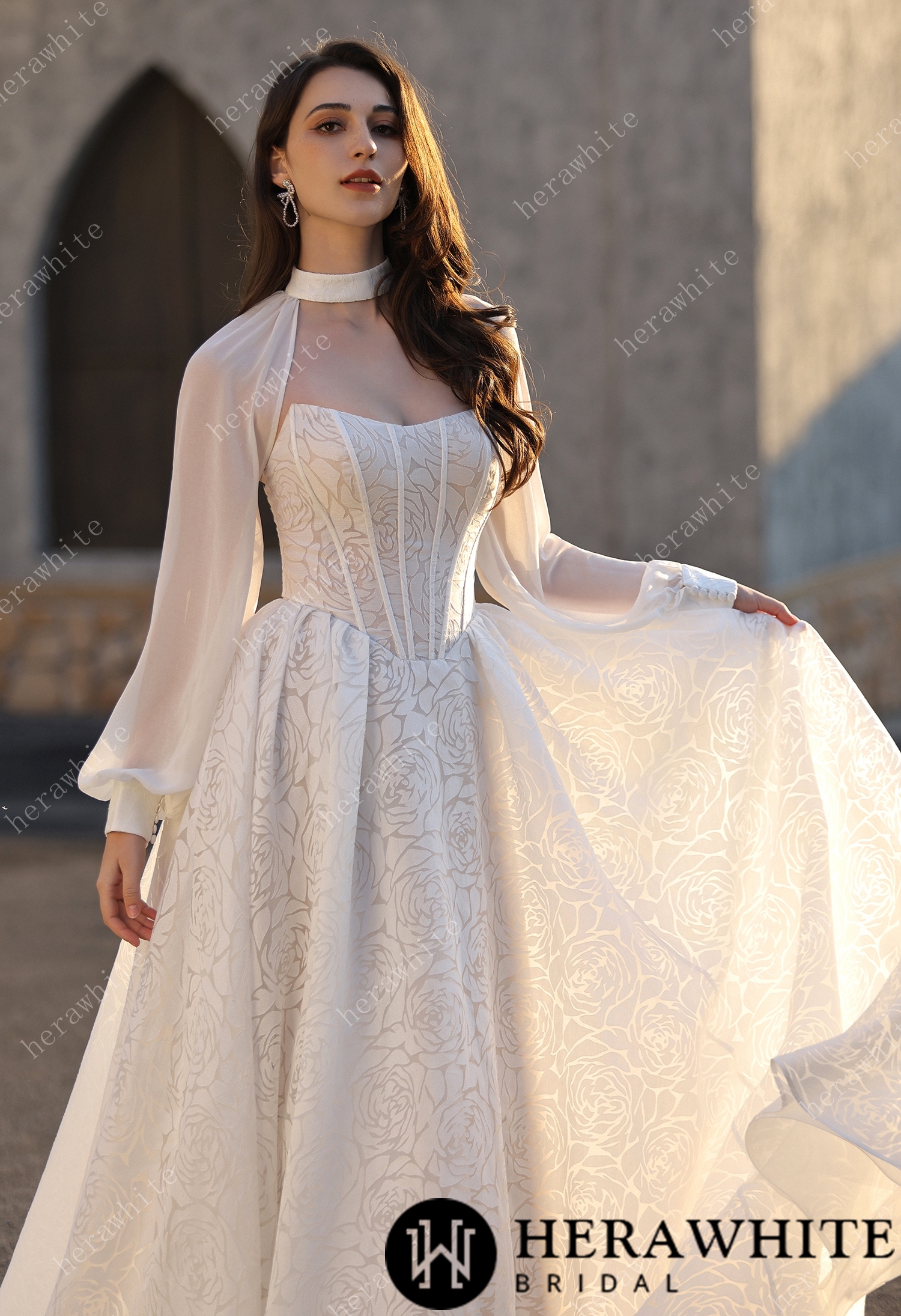 In Stock/ A-line Wedding  Gown In A Floral Print Organza With Detachable Cape