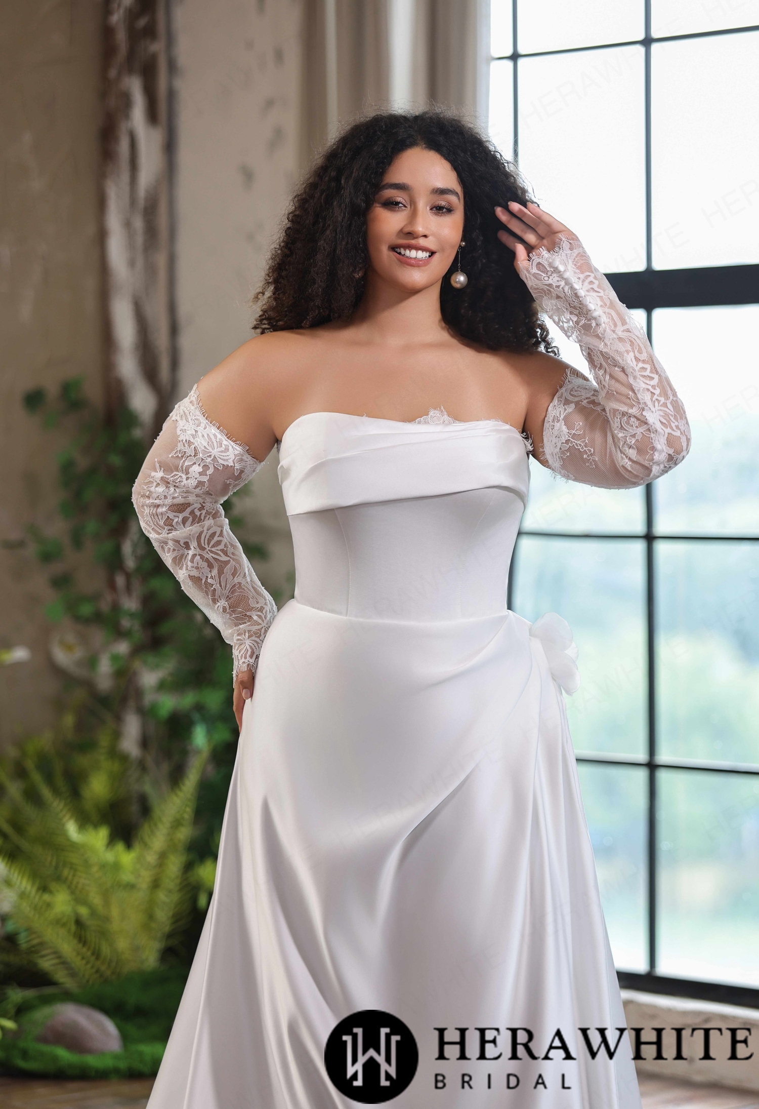 Matte Satin Strapless A-Line Gown with Detachable Lace Sleeve
