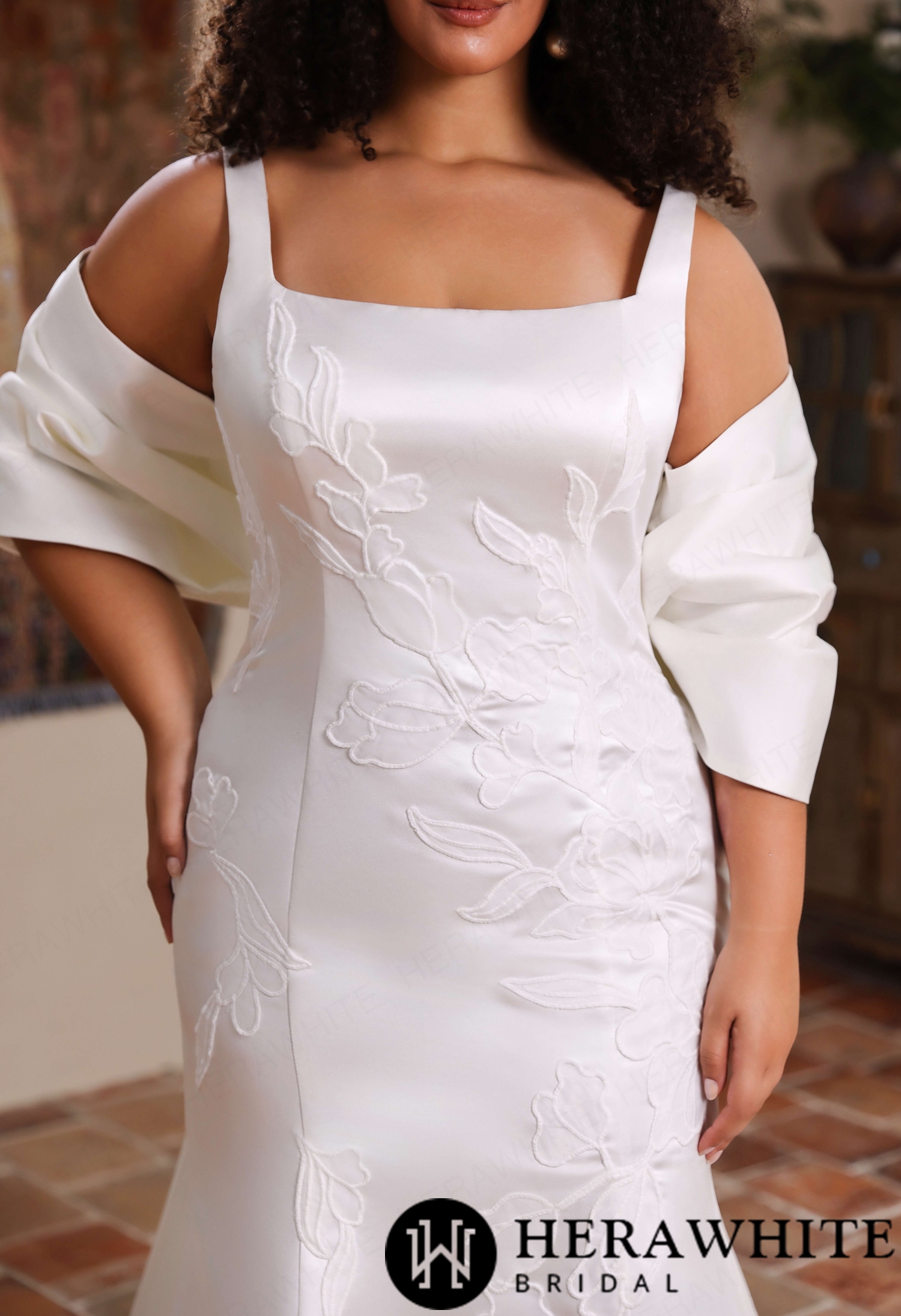 Minimalist Curvy Fit Satin Bridal Gown with Handcrafted Floral Embroidery