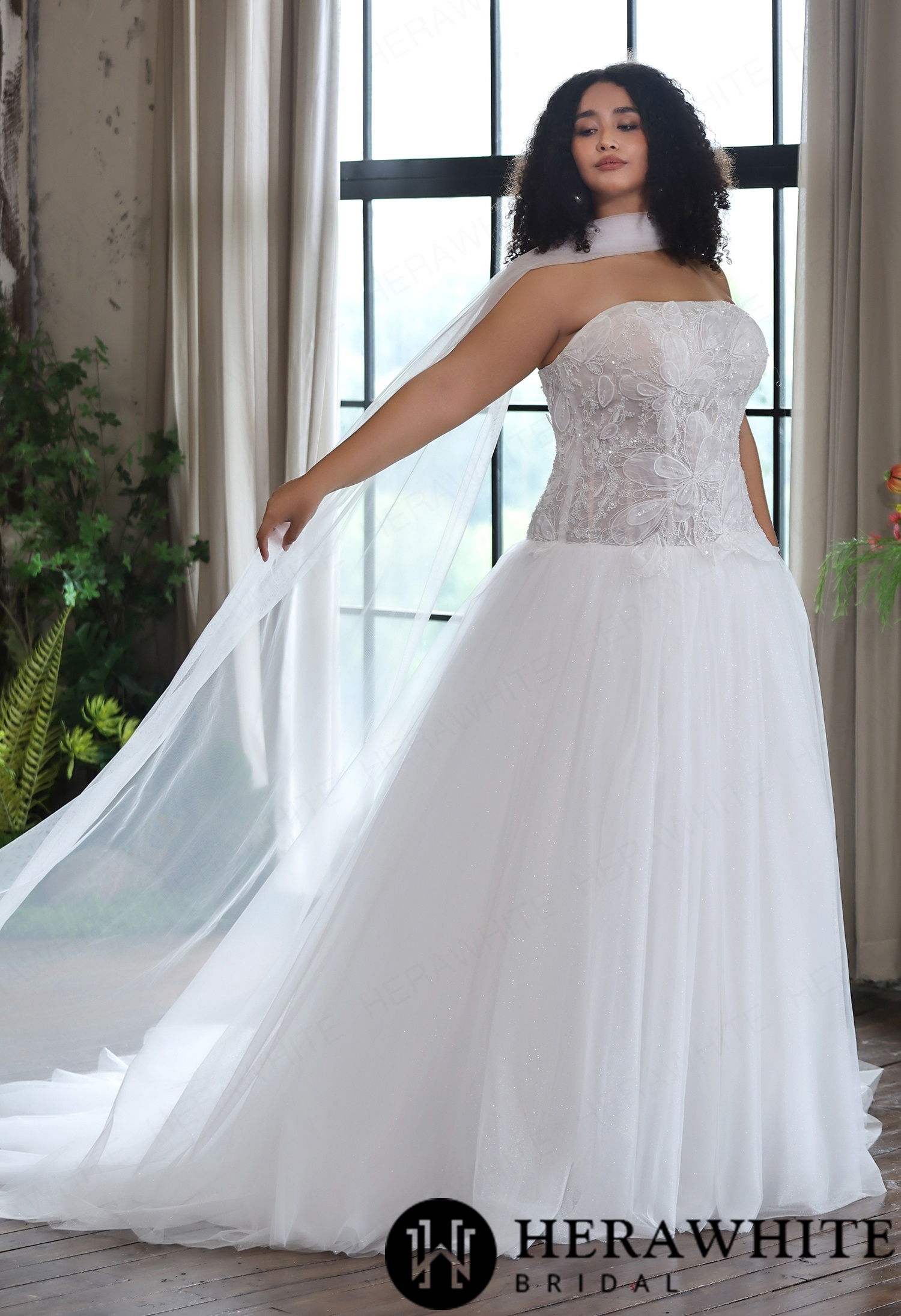Strapless Glitter Tulle Ball Gown with Matching Sheer Tulle Shawl