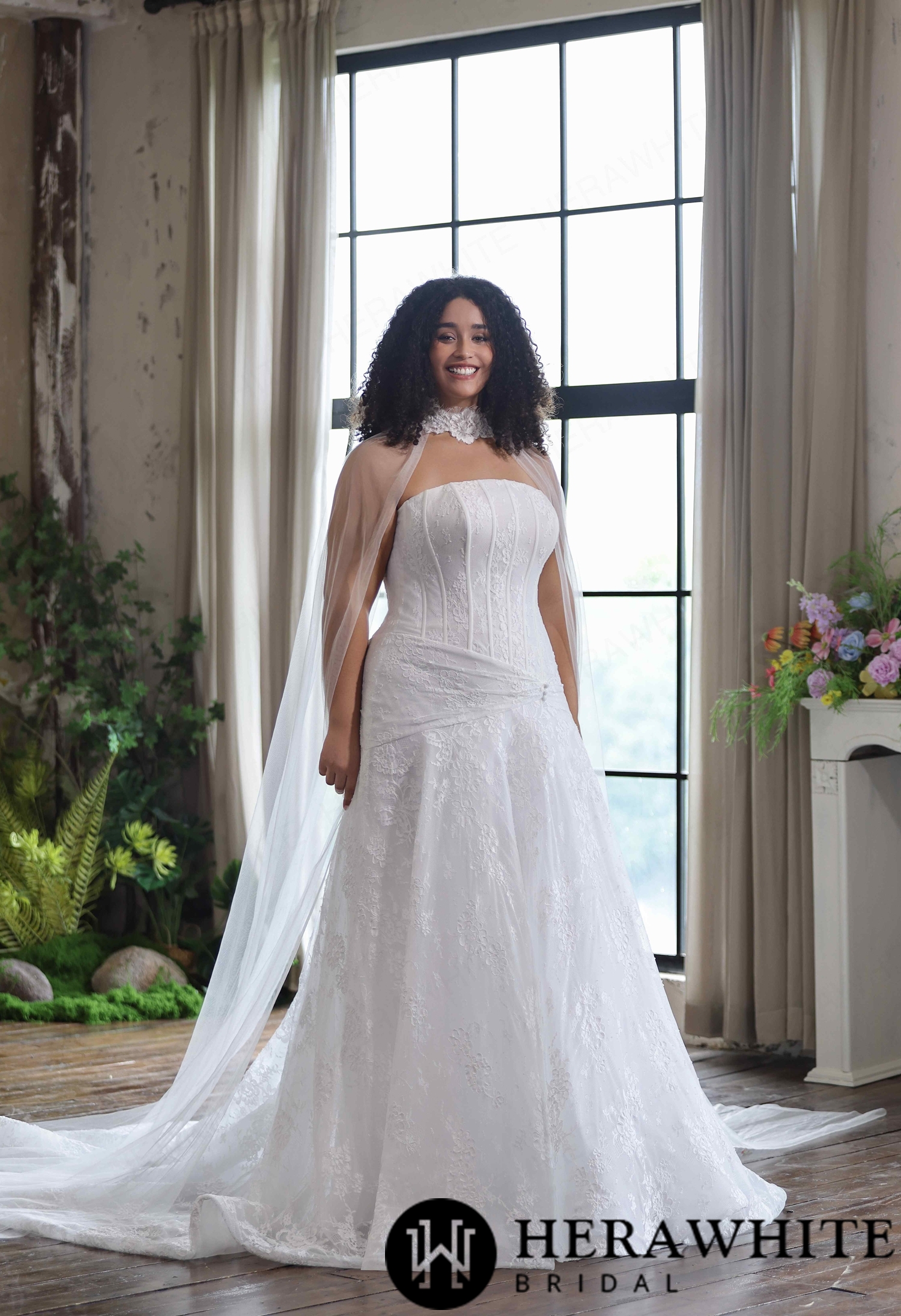 Romantic Strapless Curve Chantilly Lace Dress With Flowing Tulle Cape