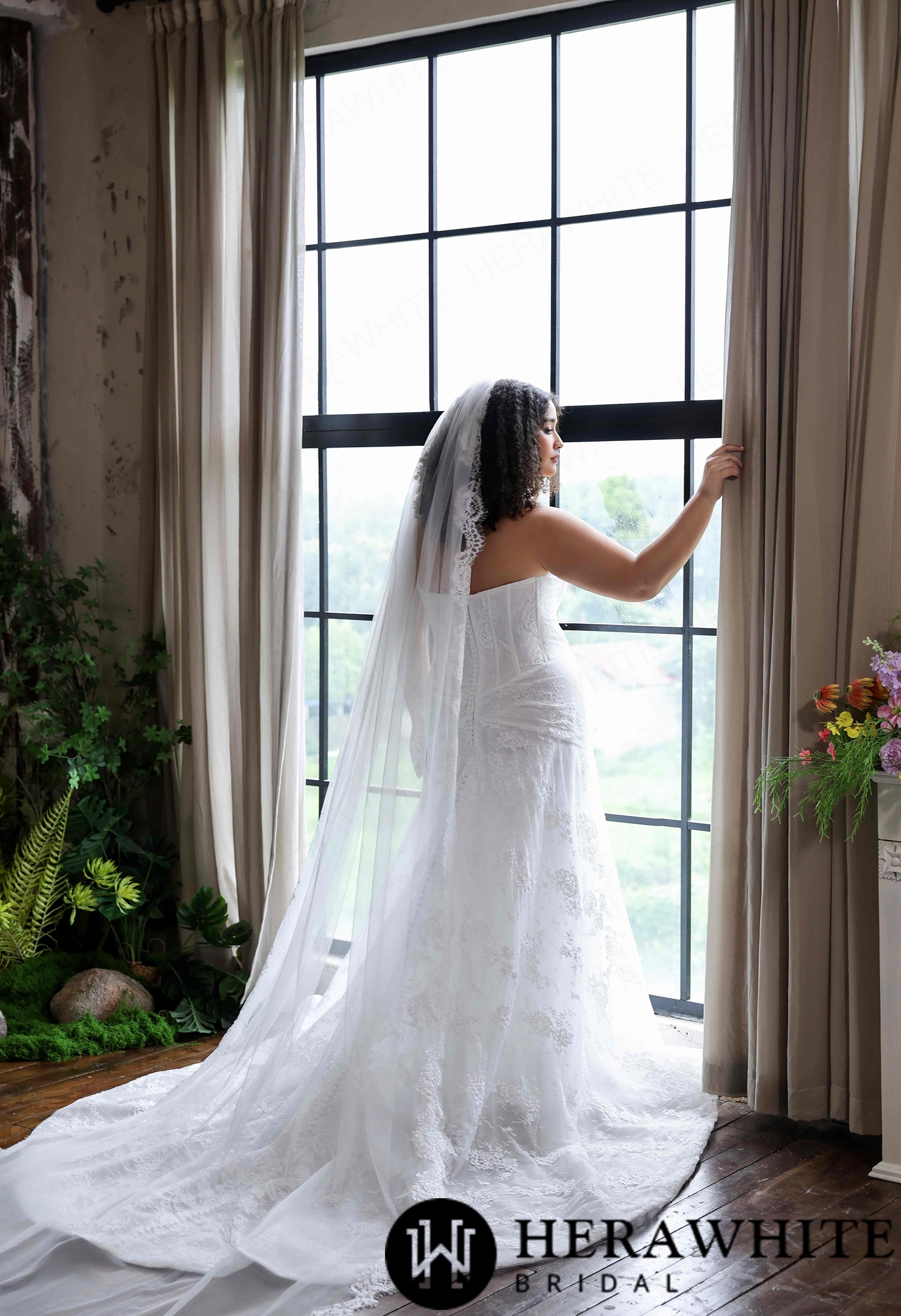 Romantic Strapless Curve Chantilly Lace Dress With Flowing Tulle Cape