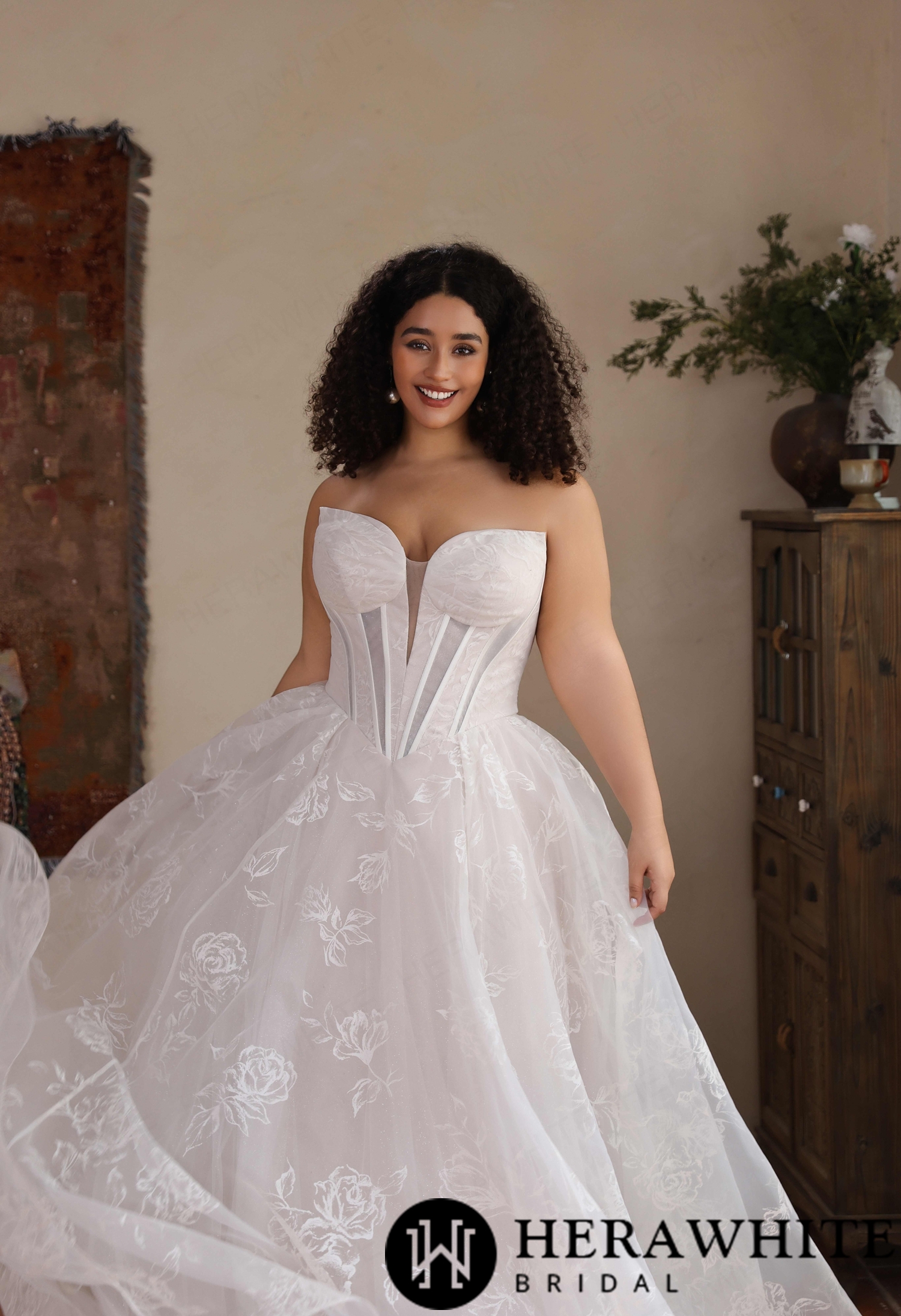 Strapless Organza A Line Gown with Floral Embroidery