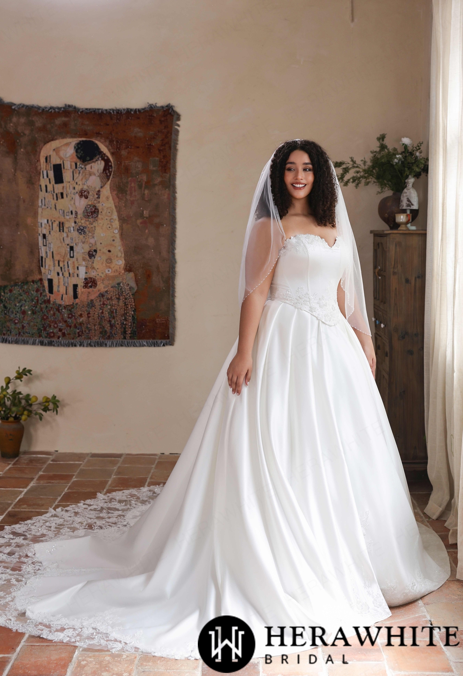 Plus Size Sweetheart Satin A-Line Wedding Dress with Basque V Waist & Lace Train