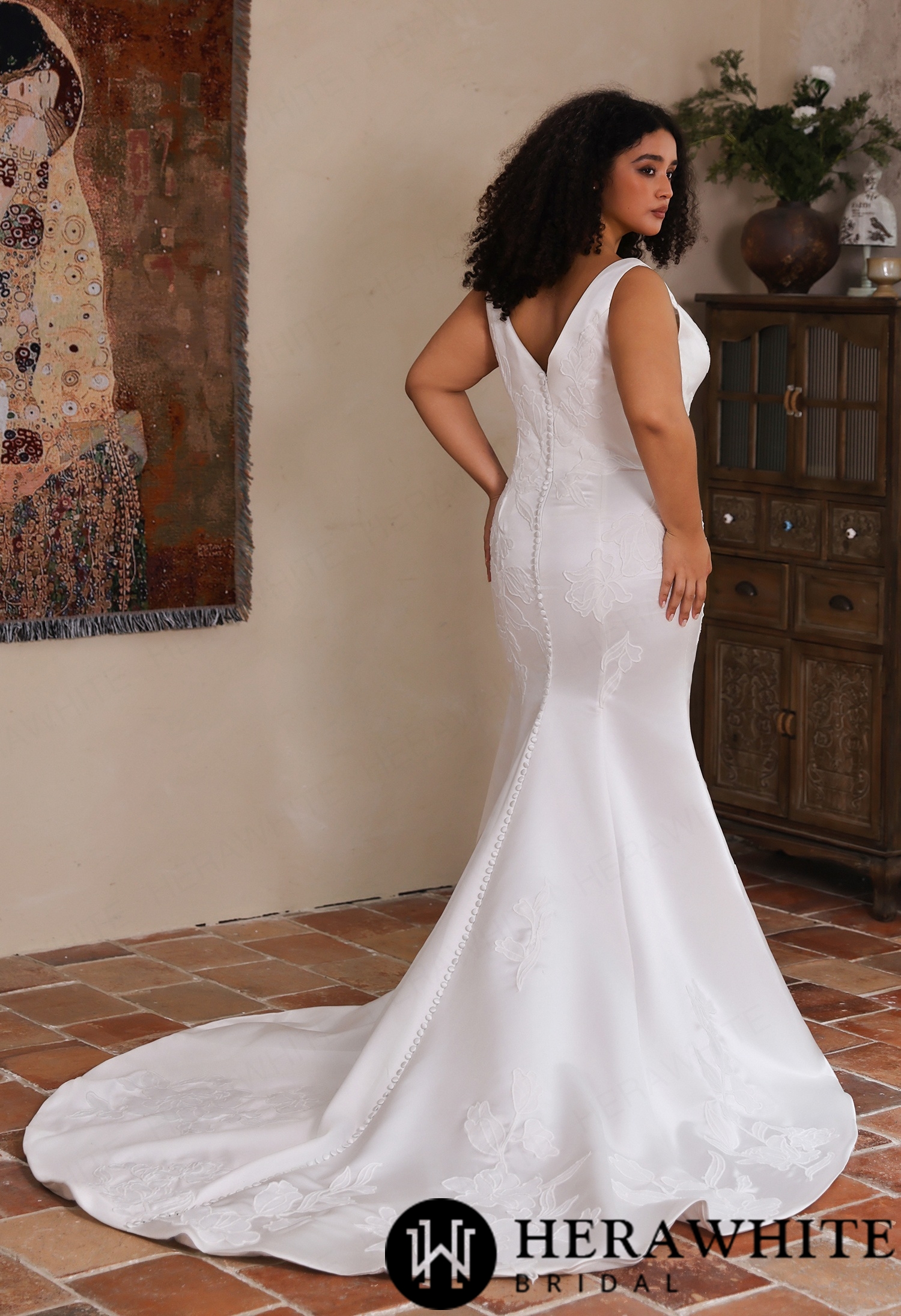 Minimalist Curvy Fit Satin Bridal Gown with Handcrafted Floral Embroidery