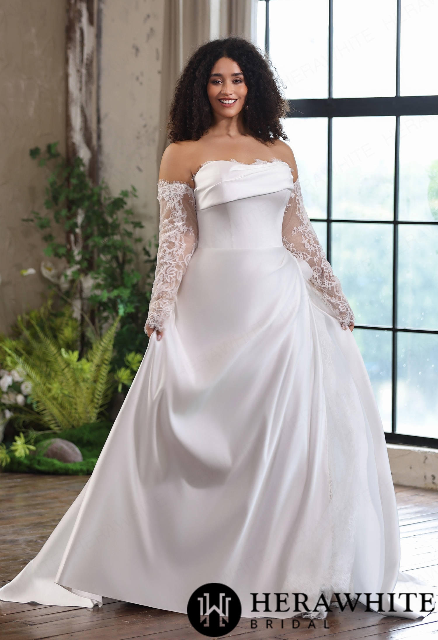 Matte Satin Strapless A-Line Gown with Detachable Lace Sleeve