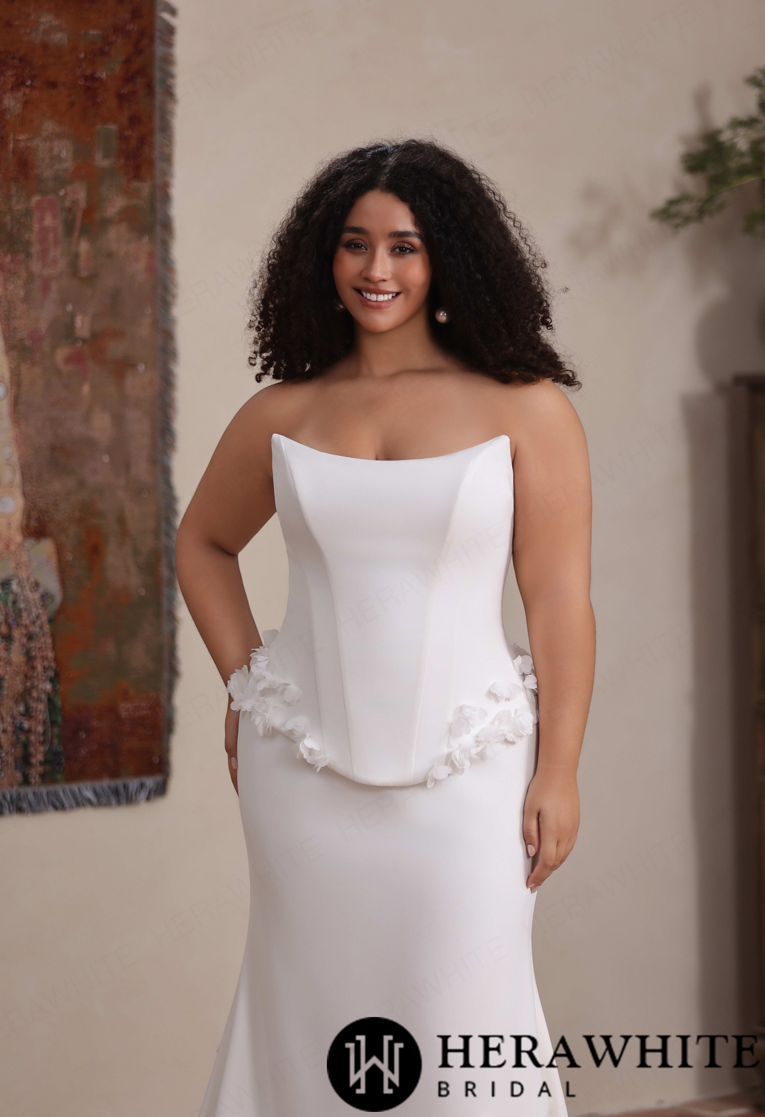Matte Crepe Strapless Mermaid Gown with 3D Floral Peplum & Lace-Up Back