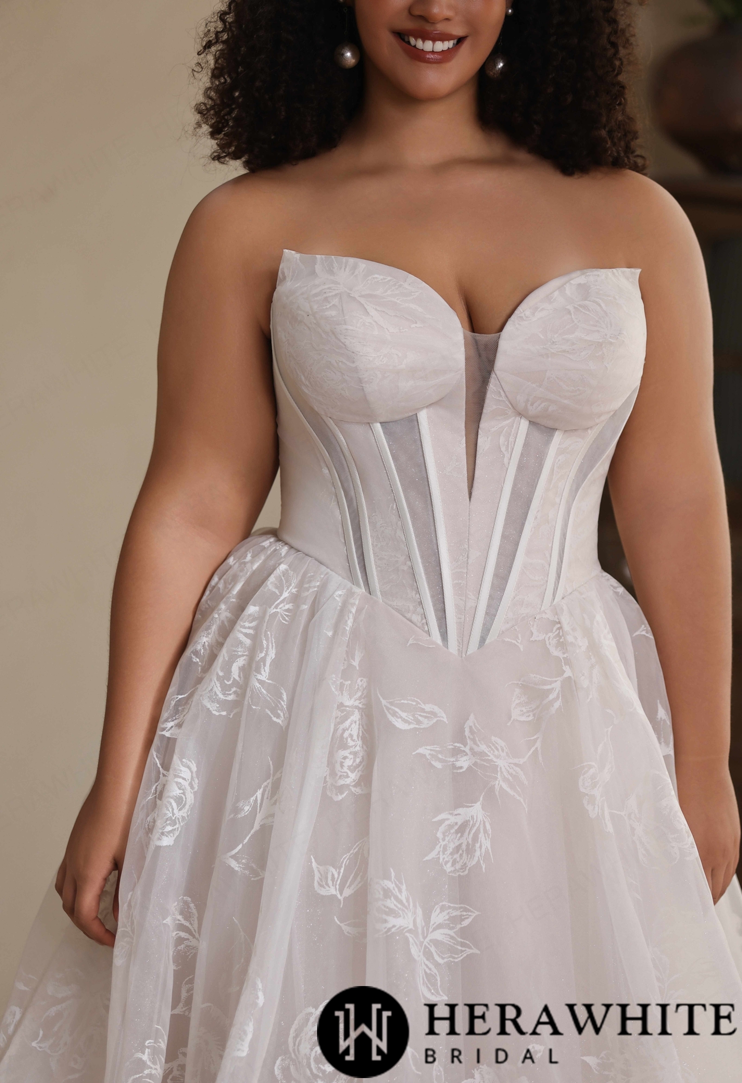 Strapless Organza A Line Gown with Floral Embroidery