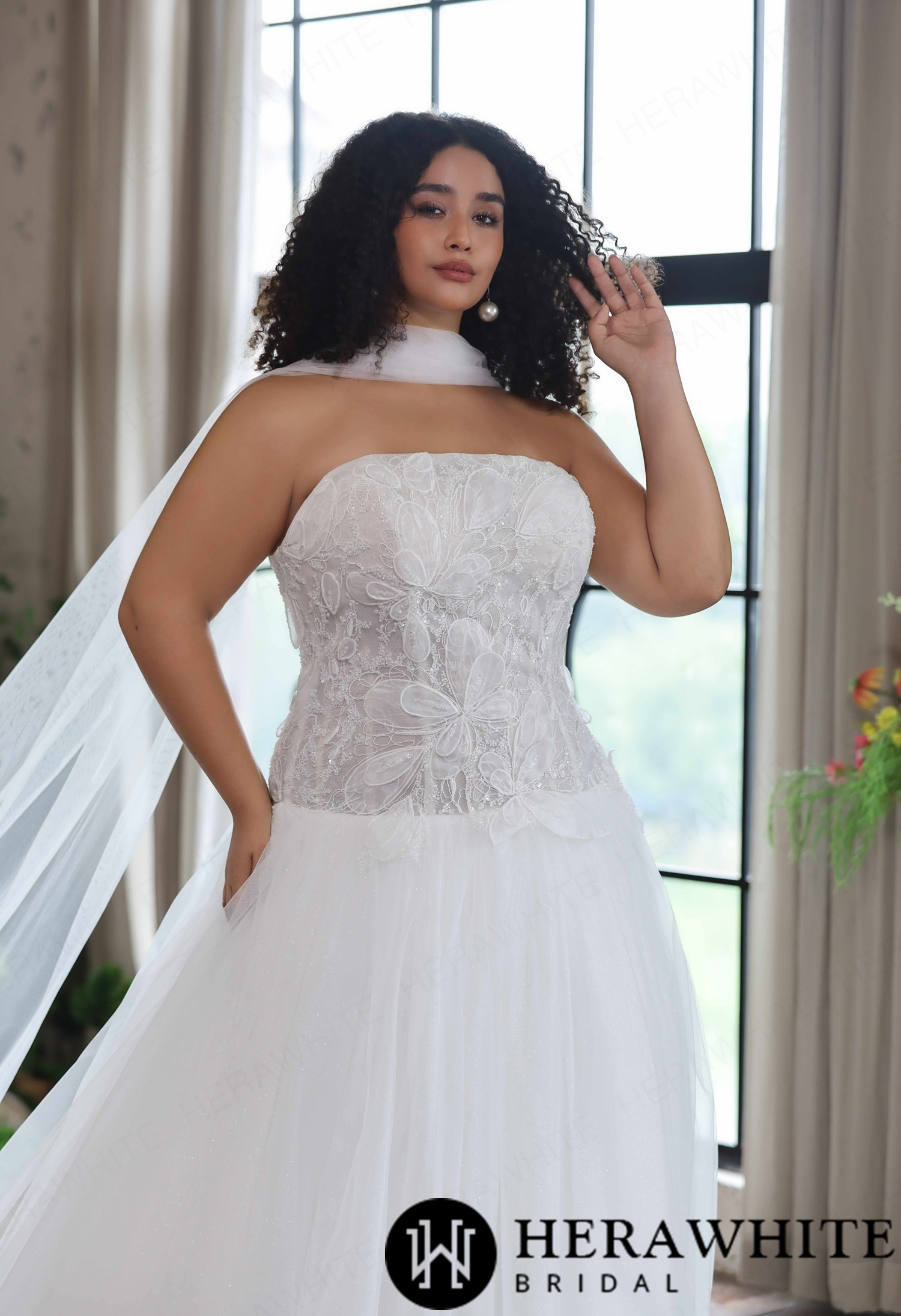 Strapless Glitter Tulle Ball Gown with Matching Sheer Tulle Shawl