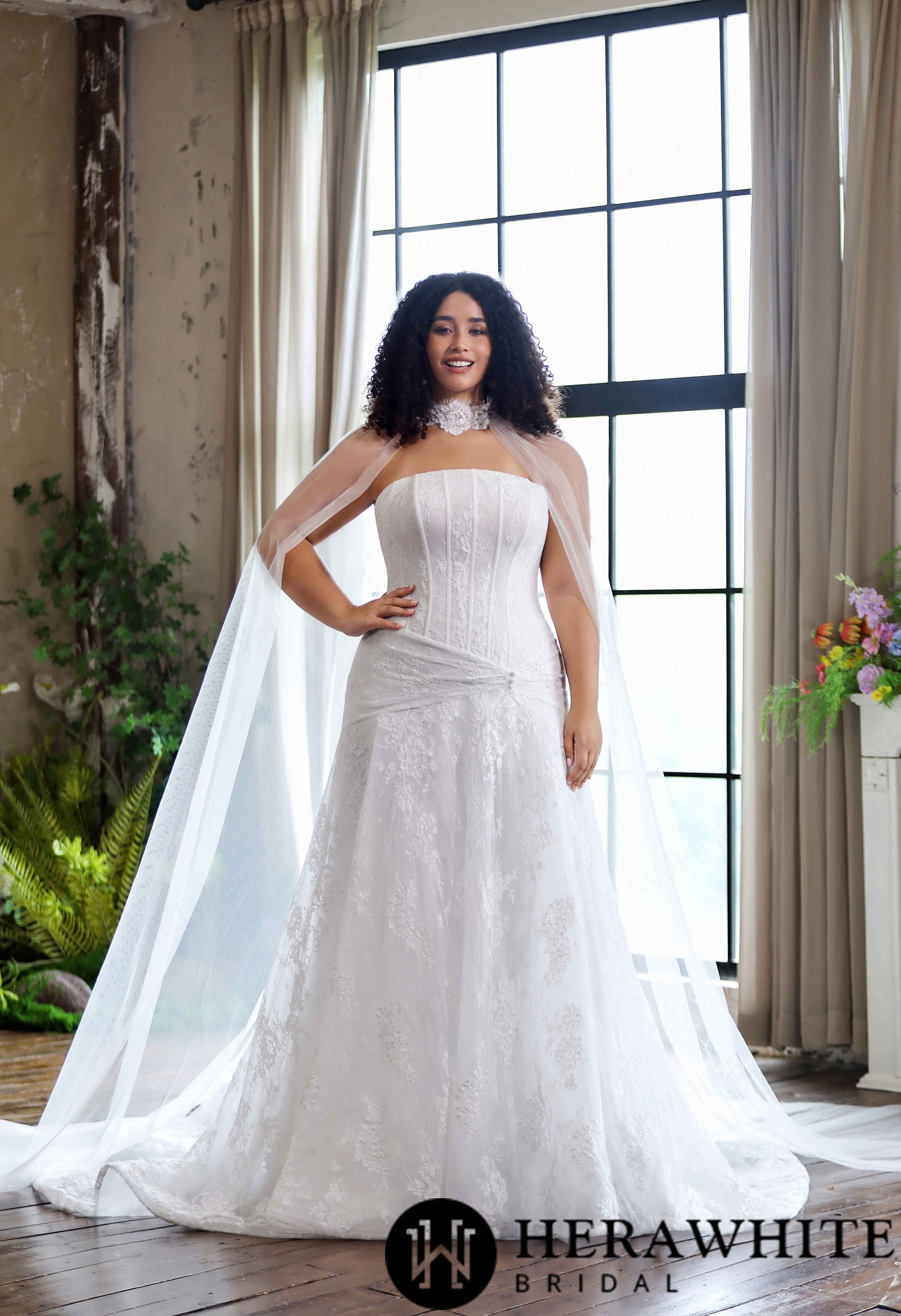 Romantic Strapless Curve Chantilly Lace Dress With Flowing Tulle Cape
