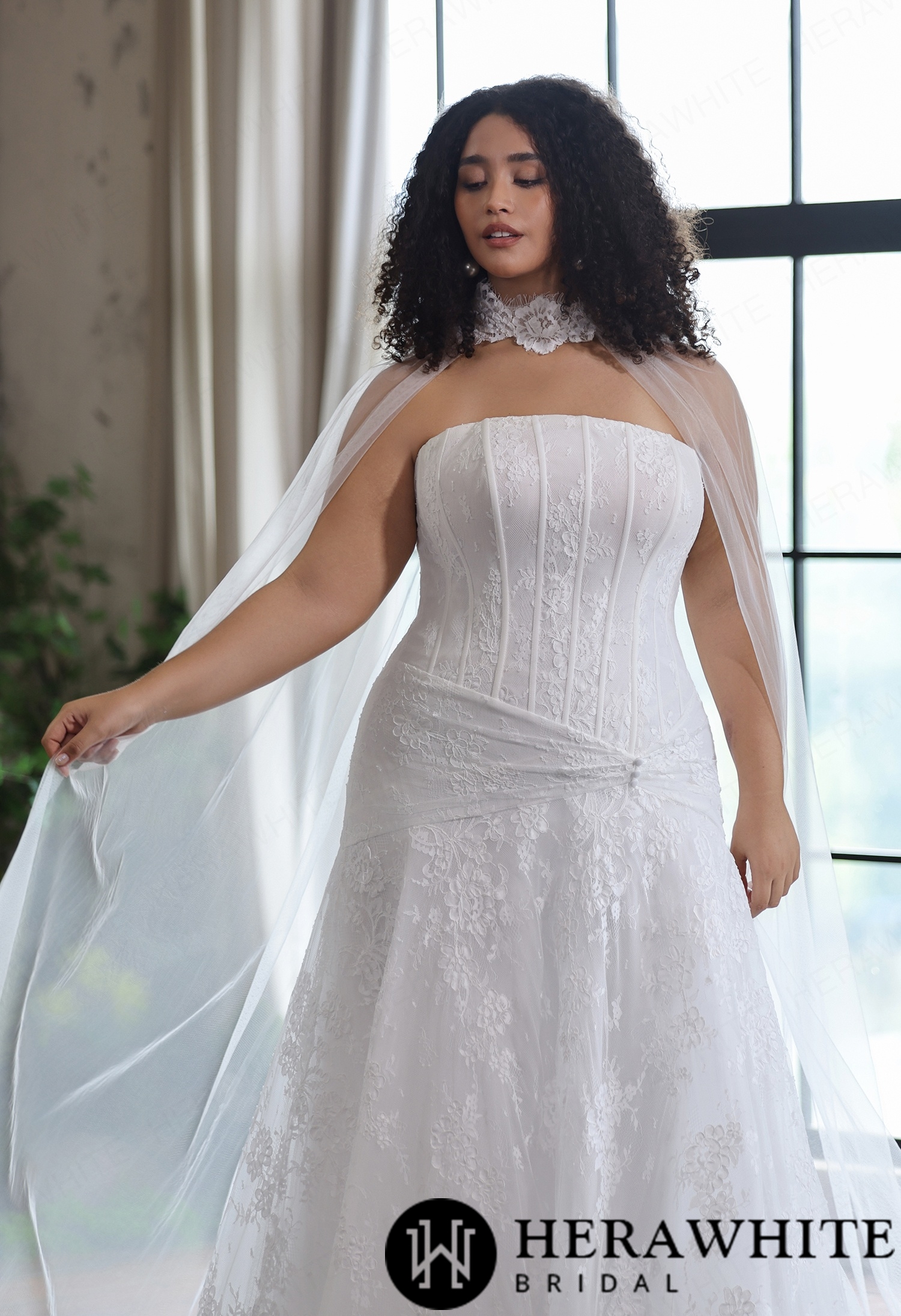 Romantic Strapless Curve Chantilly Lace Dress With Flowing Tulle Cape