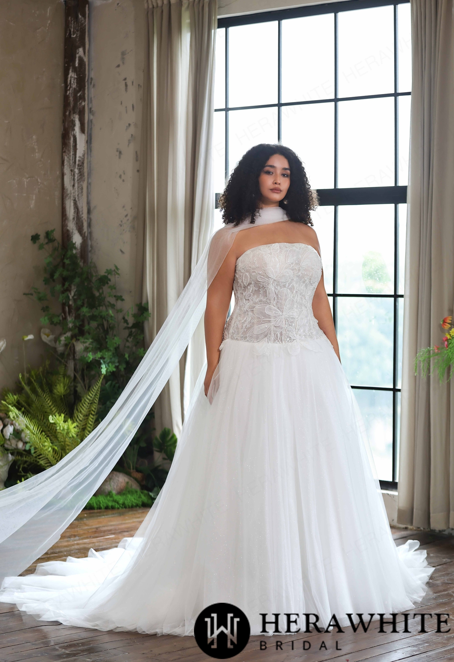 Strapless Glitter Tulle Ball Gown with Matching Sheer Tulle Shawl