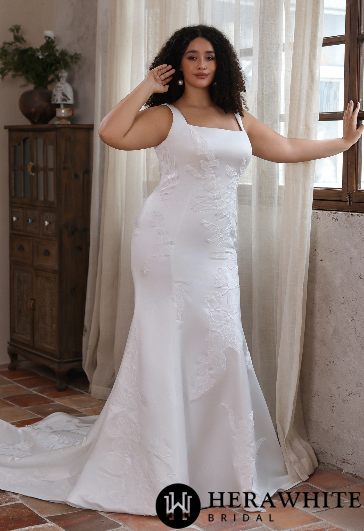 Minimalist Curvy Fit Satin Bridal Gown with Handcrafted Floral Embroidery