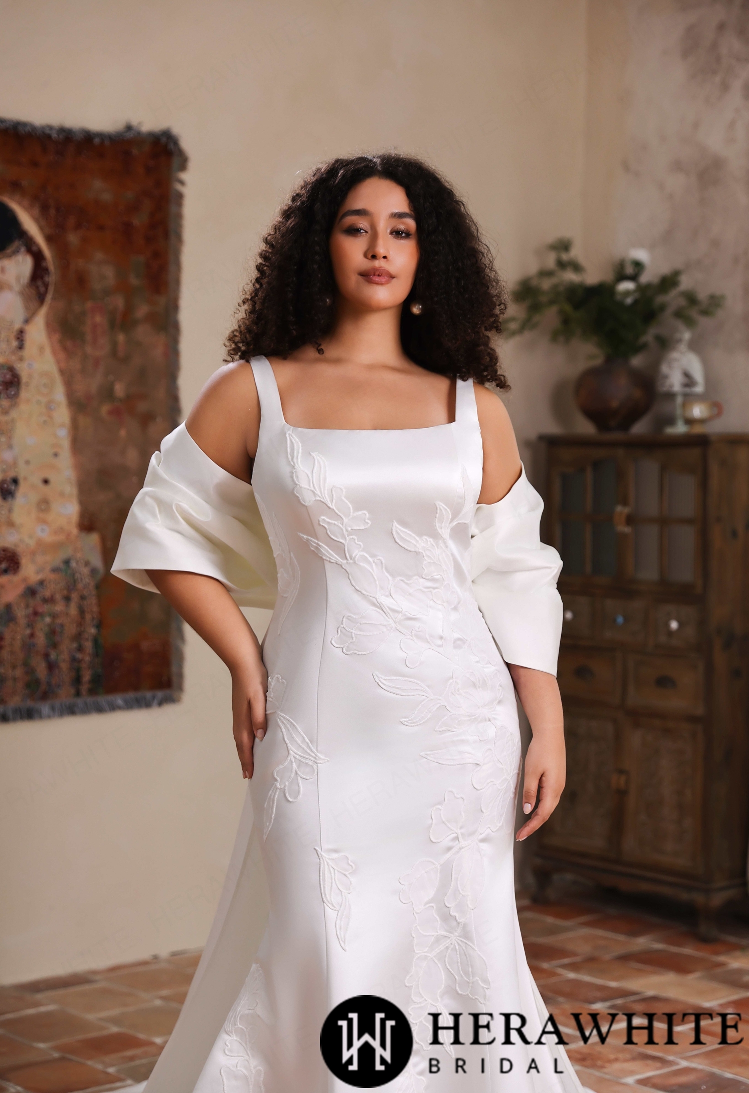 Minimalist Curvy Fit Satin Bridal Gown with Handcrafted Floral Embroidery