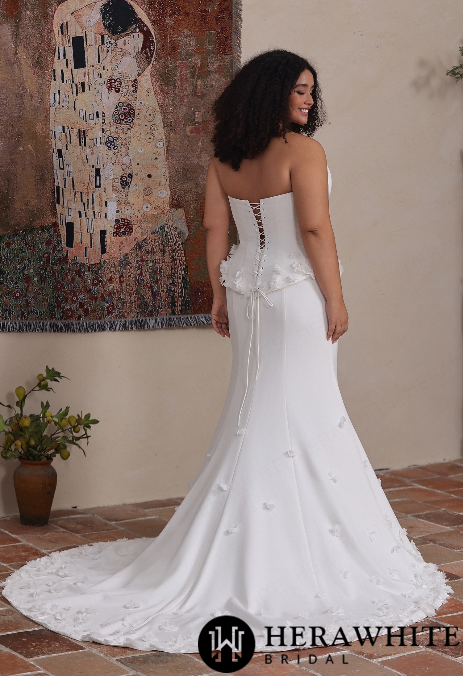 Matte Crepe Strapless Mermaid Gown with 3D Floral Peplum & Lace-Up Back