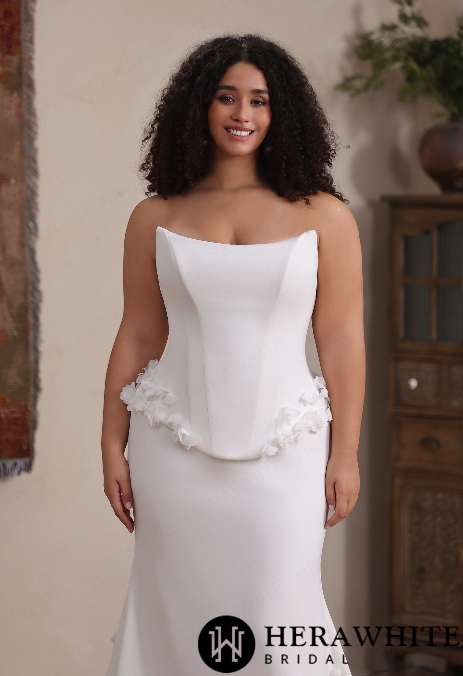Matte Crepe Strapless Mermaid Gown with 3D Floral Peplum & Lace-Up Back